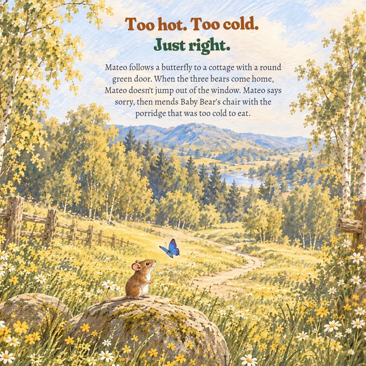 Back cover: the wood mouse on a mossy stone watching a blue butterfly. Too hot. Too cold. Just right. Mateo follows a butterfly to a cottage with a round green door. When the three bears come home, Mateo doesn’t jump out of the window. Mateo says sorry, then mends Baby Bear’s chair with the porridge that was too cold to eat.