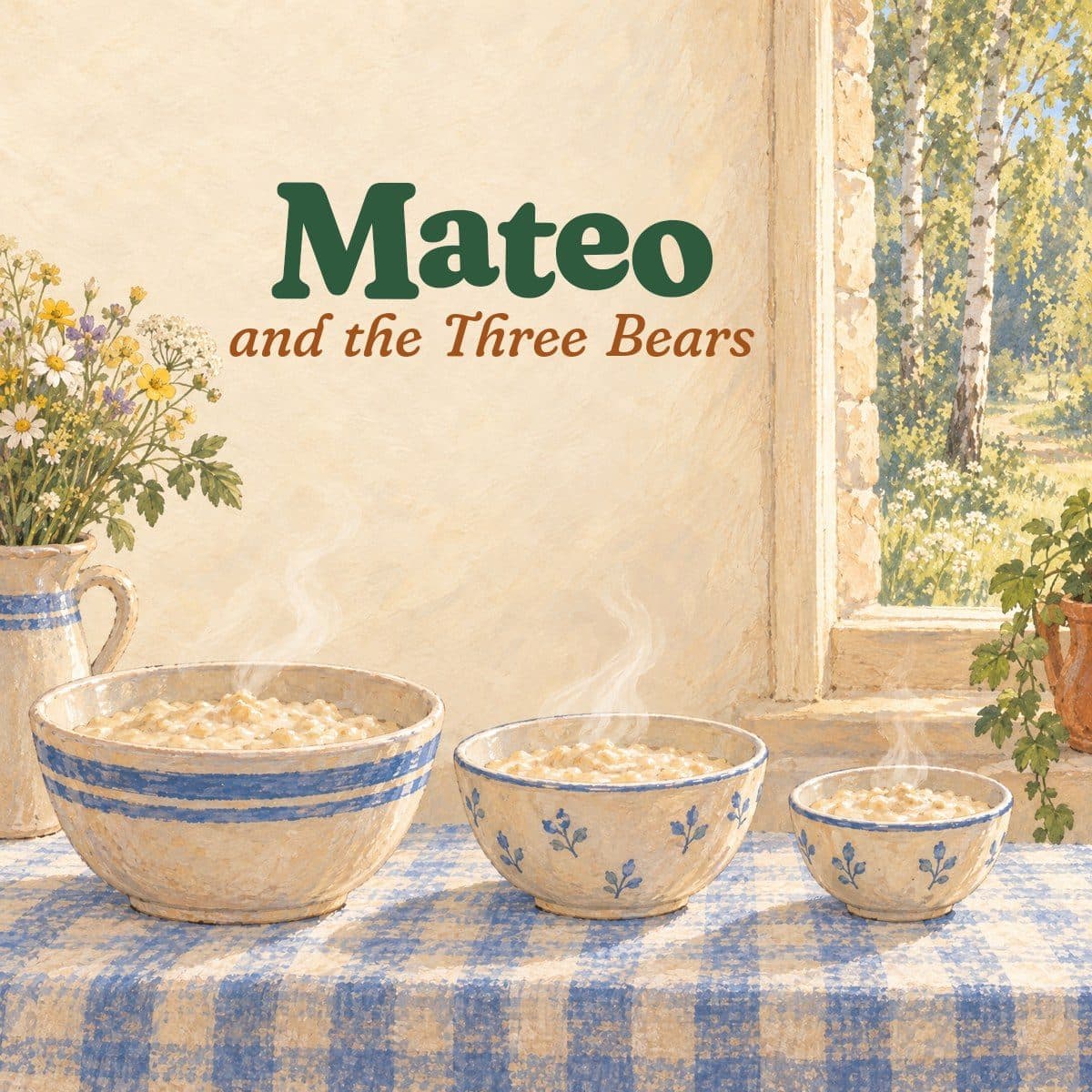 Title page: three porridge bowls on a cottage windowsill