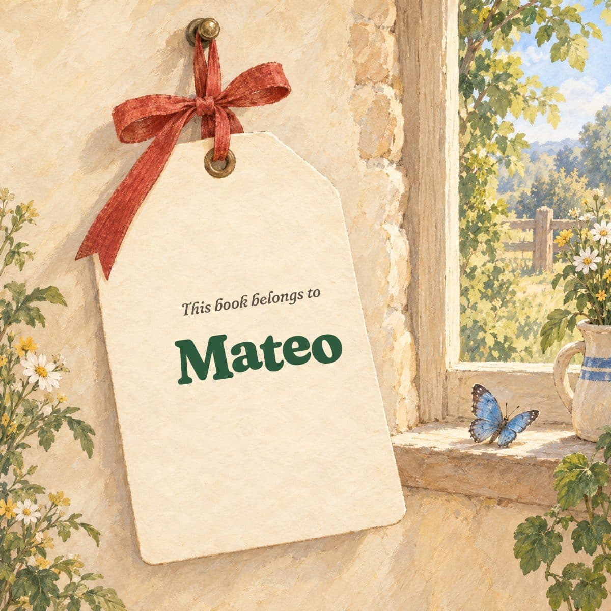 Gift page: a paper tag on a red ribbon reading This book belongs to Mateo