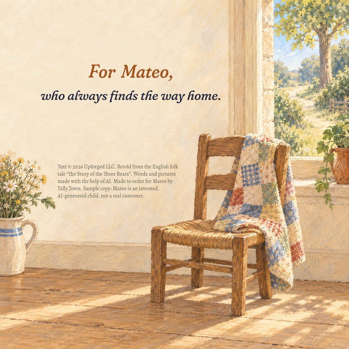 Dedication page: a little chair by a window, For Mateo, who always finds the way home
