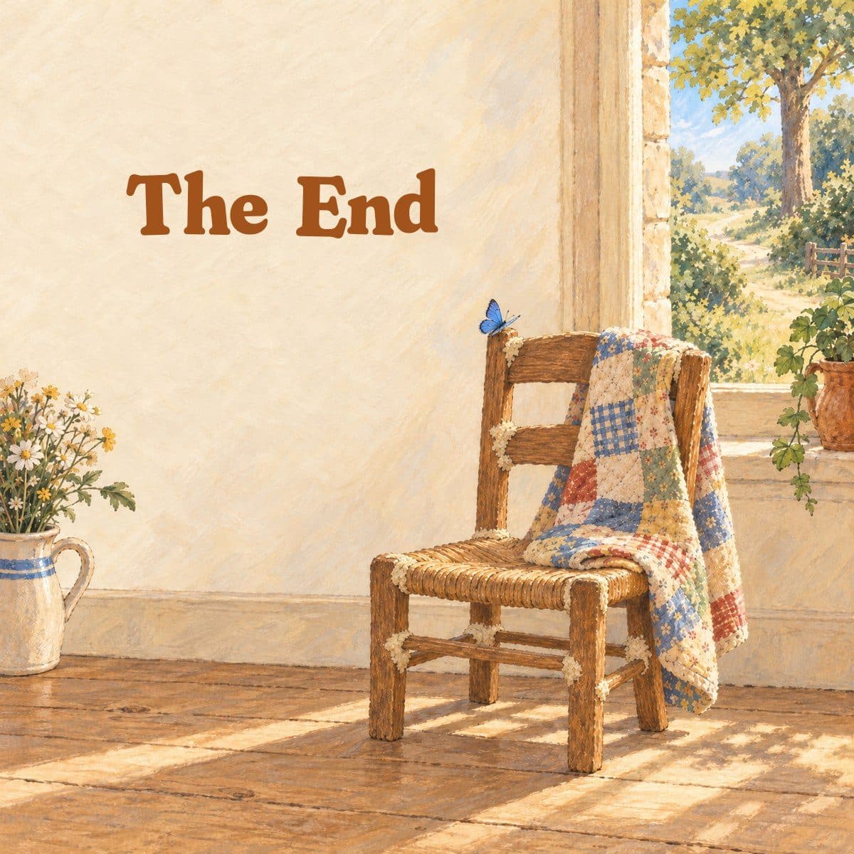 The End, above the mended little chair with a blue butterfly on it