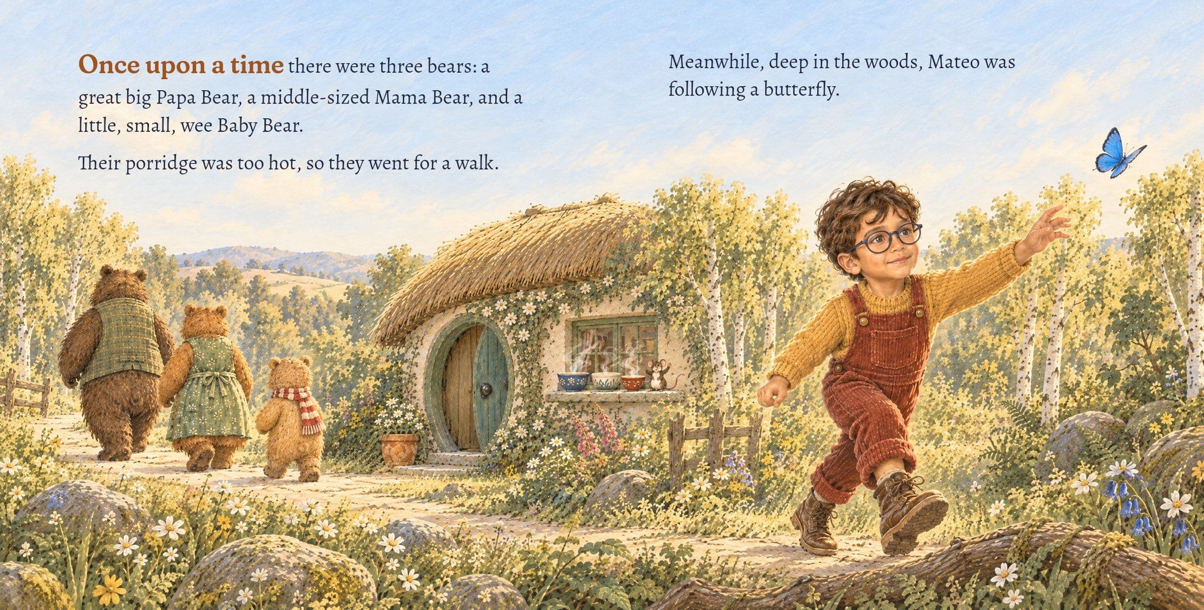 The three bears set off for a walk while Mateo follows a butterfly into the woods. Once upon a time there were three bears: a great big Papa Bear, a middle-sized Mama Bear, and a little, small, wee Baby Bear.

Their porridge was too hot, so they went for a walk. Meanwhile, deep in the woods, Mateo was following a butterfly.