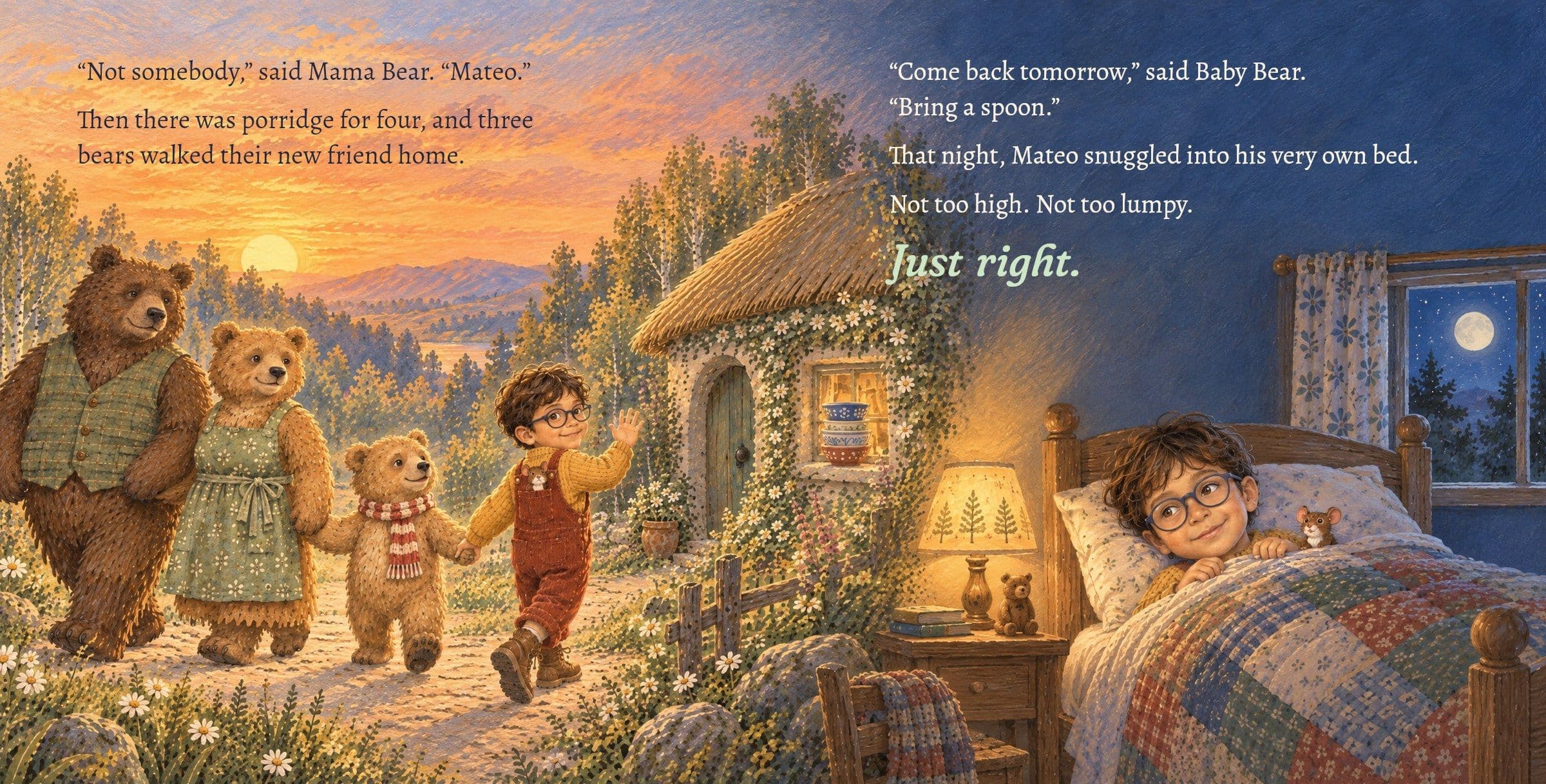 The bears walk Mateo home at sunset; that night he is tucked up in his own bed