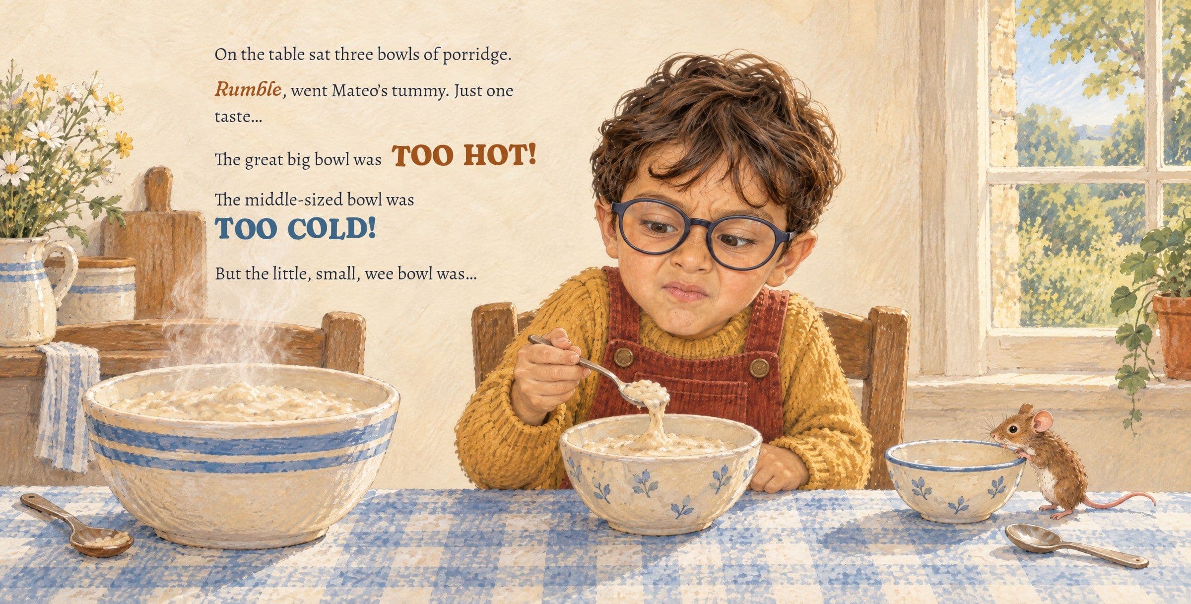 Mateo tastes the cold middle-sized bowl and pulls a face. On the table sat three bowls of porridge.

Rumble, went Mateo’s tummy. Just one taste…

The great big bowl was TOO HOT!

The middle-sized bowl was TOO COLD!

But the little, small, wee bowl was…