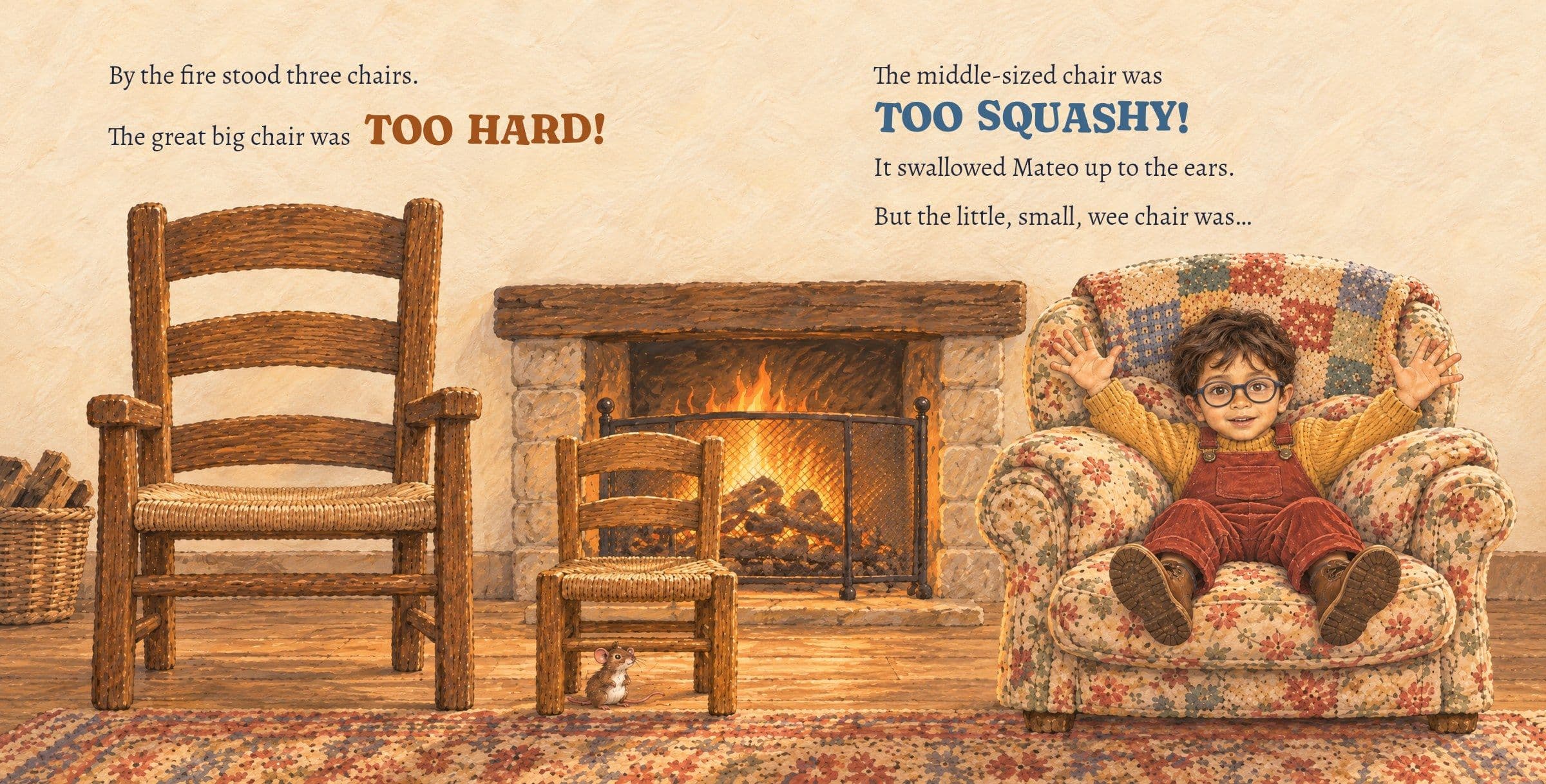 Mateo sinks into the squashy middle-sized chair