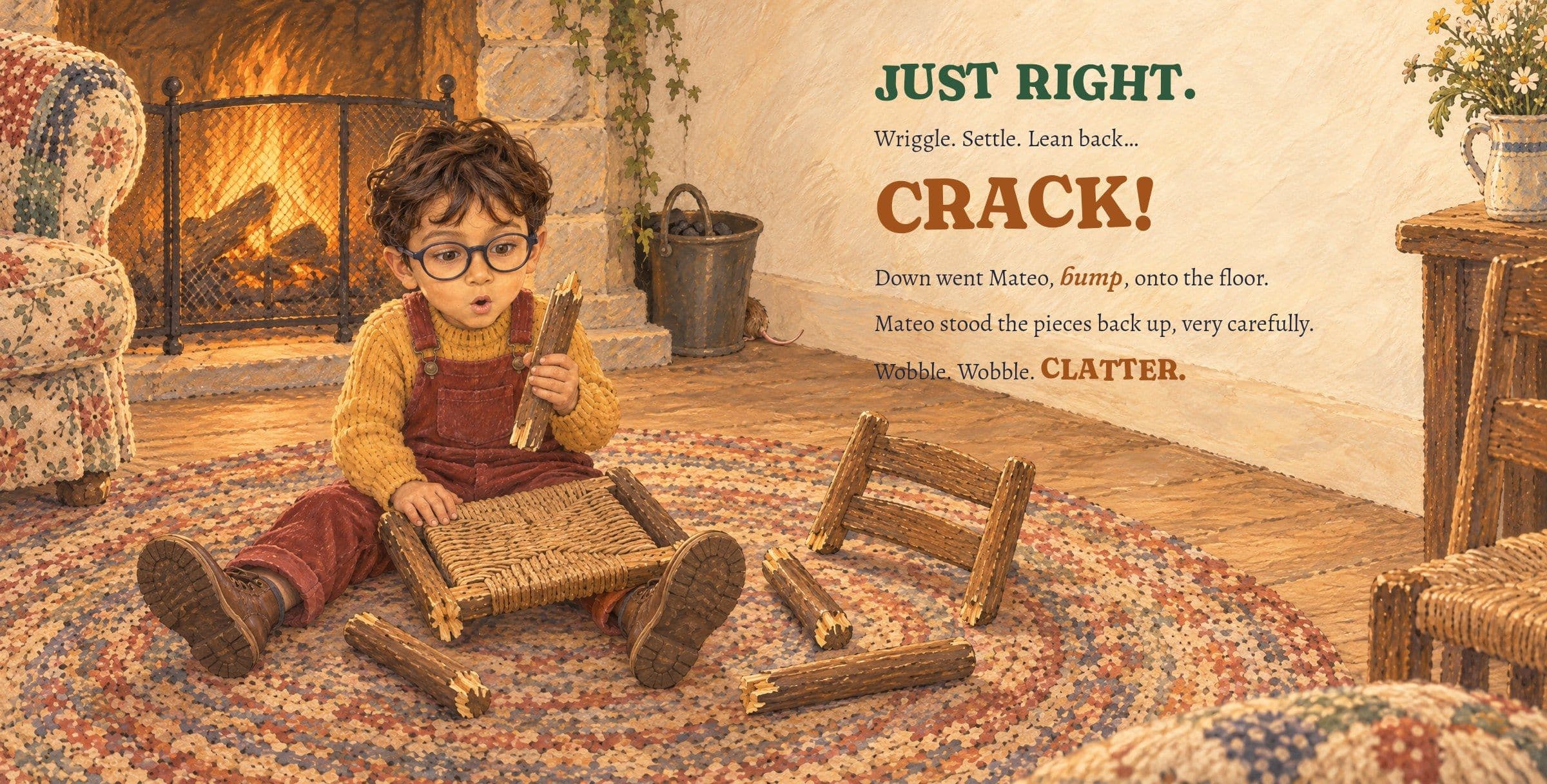 Mateo sits on the rug among the pieces of the little chair. CRACK!