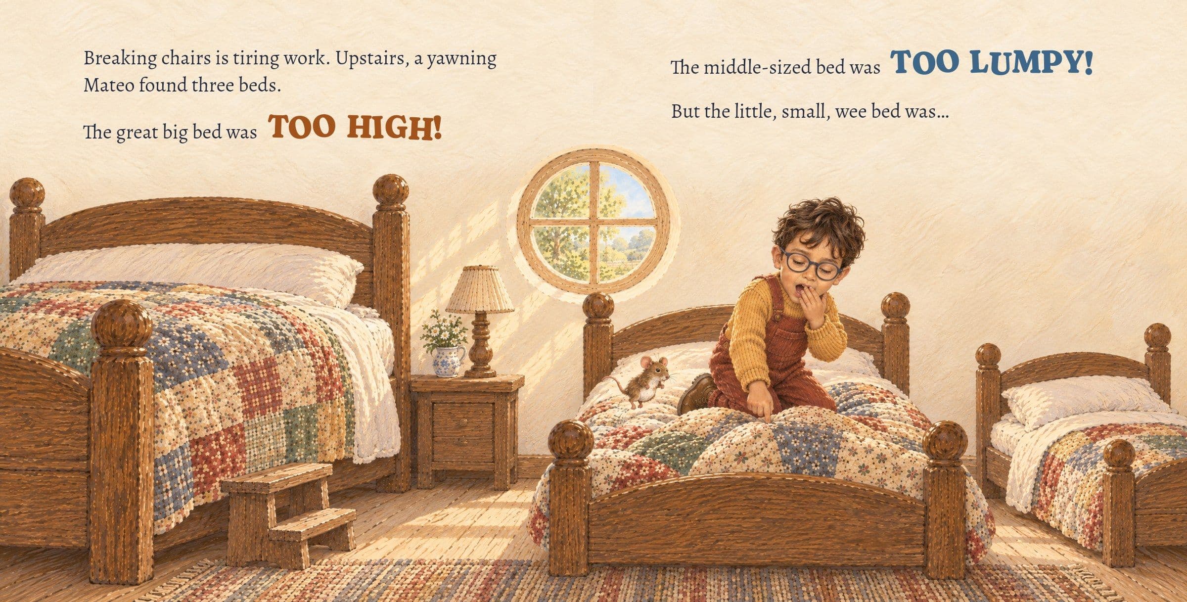 Upstairs, Mateo pokes the lumpy middle-sized bed. Breaking chairs is tiring work. Upstairs, a yawning Mateo found three beds.

The great big bed was TOO HIGH!

The middle-sized bed was TOO LUMPY!

But the little, small, wee bed was…