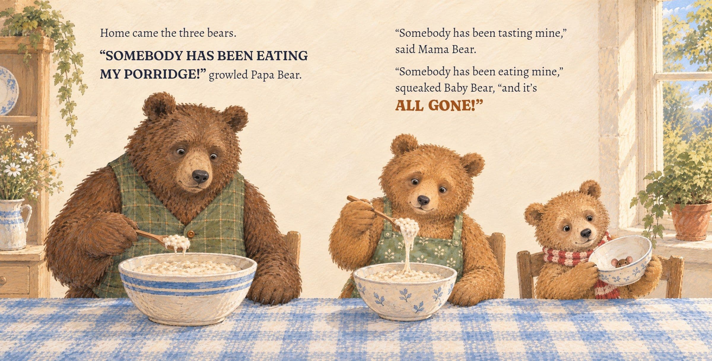The three bears find their porridge bowls. Home came the three bears.

“SOMEBODY HAS BEEN EATING MY PORRIDGE!” growled Papa Bear.

“Somebody has been tasting mine,” said Mama Bear.

“Somebody has been eating mine,” squeaked Baby Bear, “and it’s ALL GONE!”