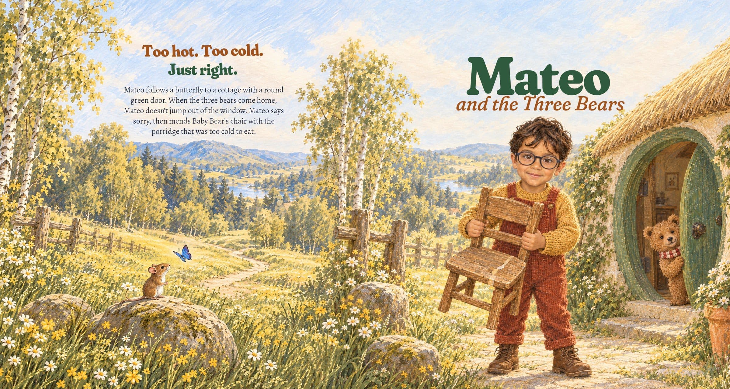 The whole cover opened flat: the back with the wood mouse and the butterfly, running on round the spine to the front with Mateo at the bears’ door