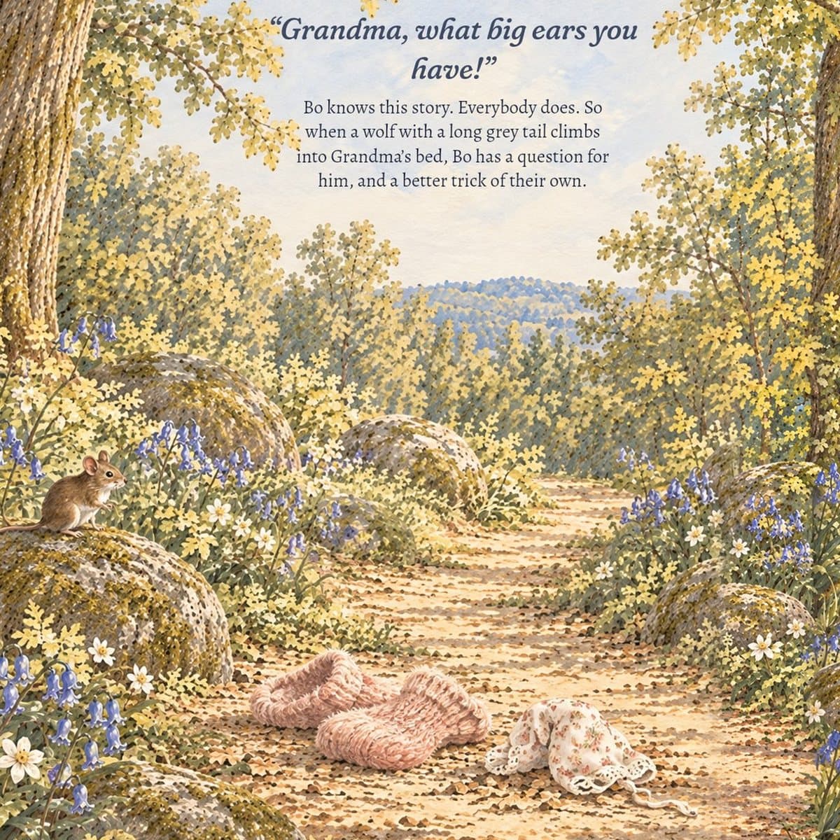 Back cover: a pair of pink bedsocks and a lace nightcap left on the woods path, a field mouse watching. Grandma, what big ears you have! Bo knows this story. Everybody does. So when a wolf with a long grey tail climbs into Grandma's bed, Bo has a question for him, and a better trick of their own.