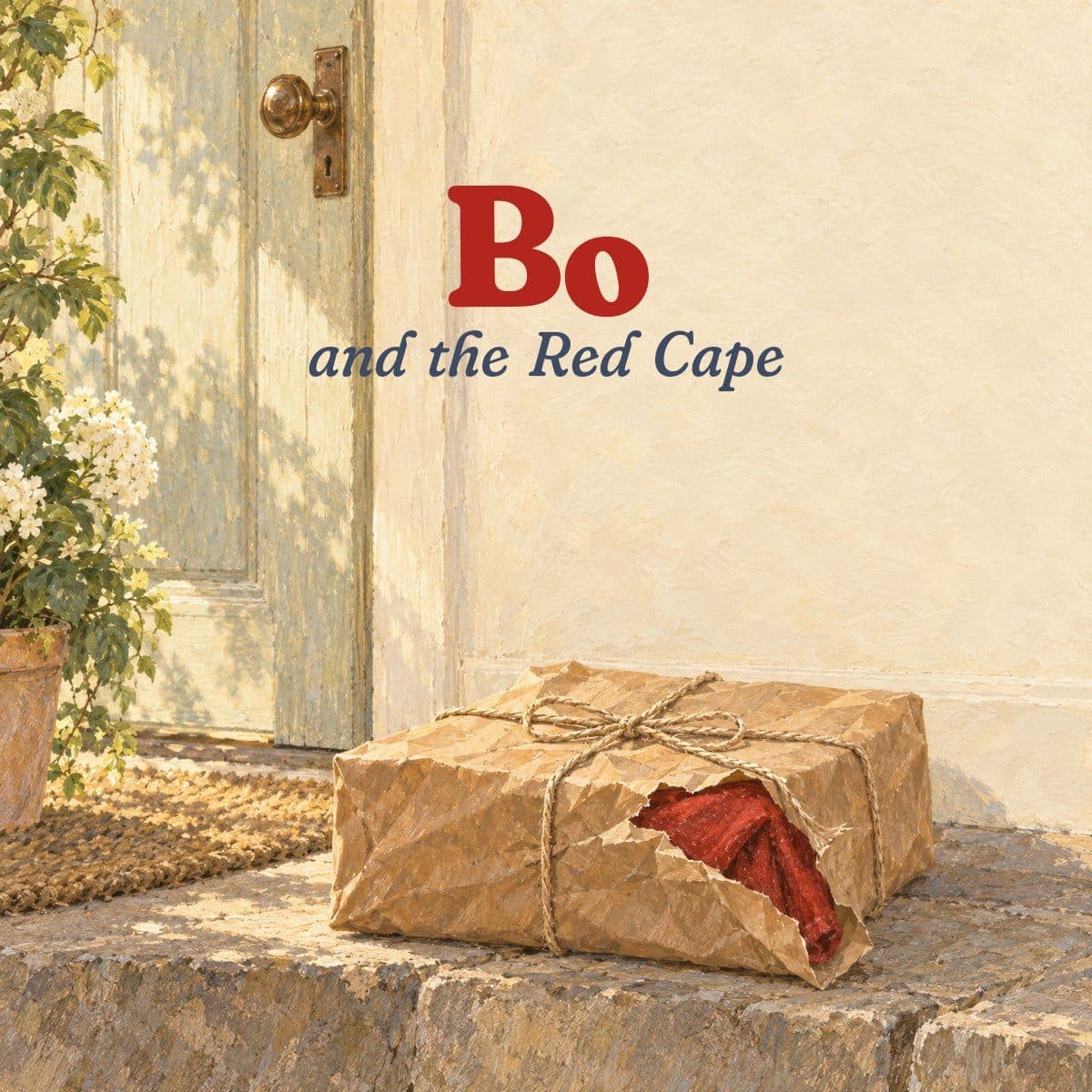 Title page: a brown-paper parcel on a doorstep, a red cape peeking out