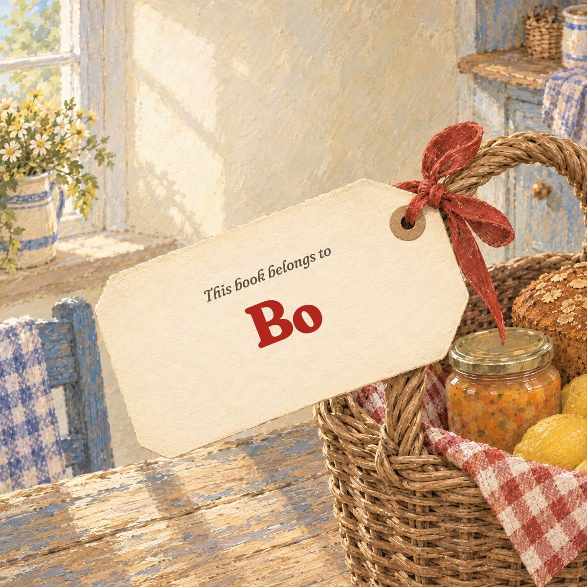 Gift page: a tag tied to a basket handle with a red ribbon, reading This book belongs to Bo