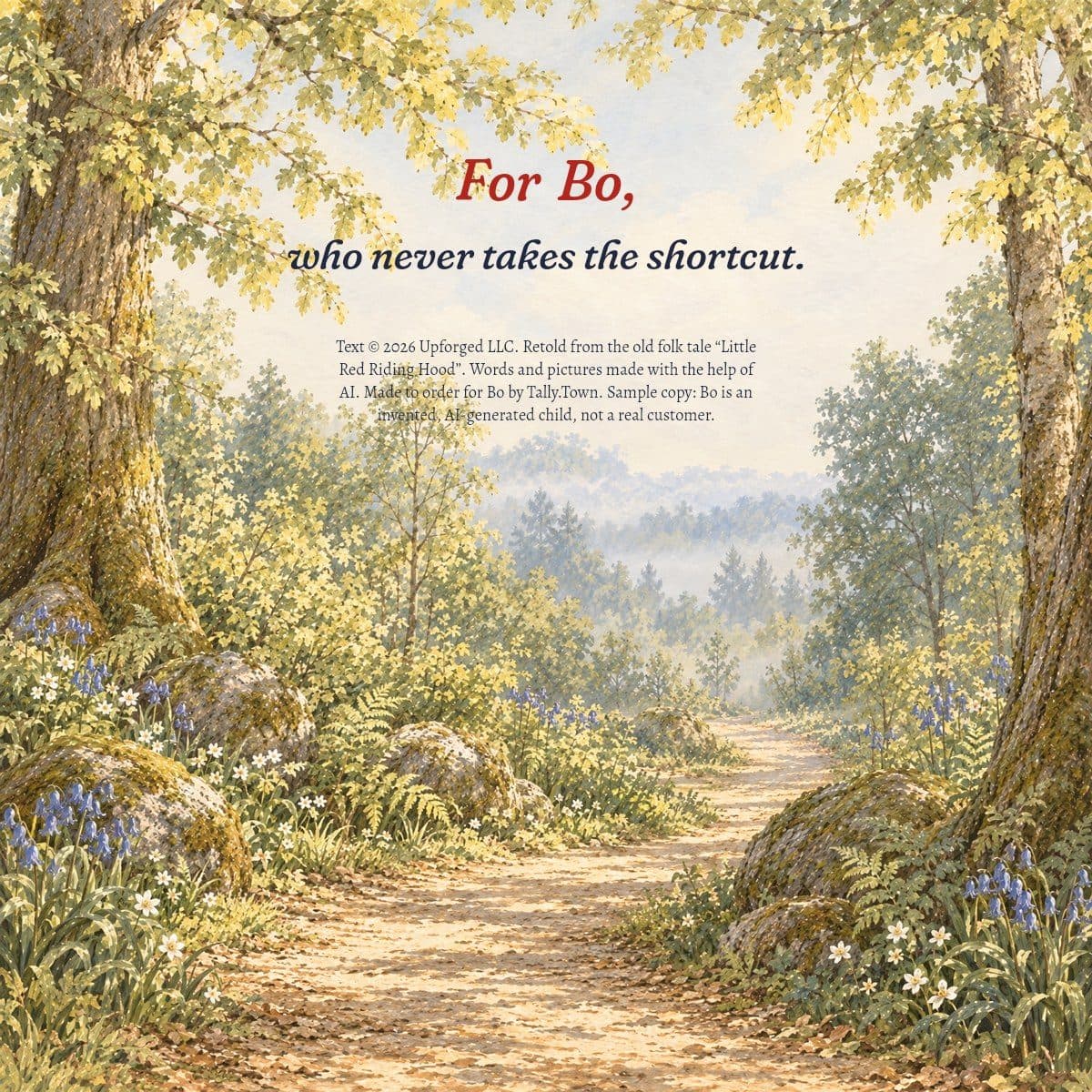 Dedication page: an empty woods path in the morning, For Bo, who never takes the shortcut
