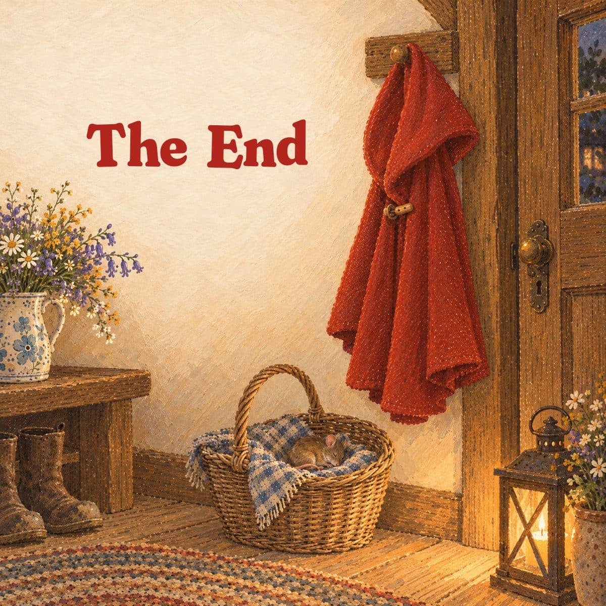 The End, beside the red cape hanging on a peg and the field mouse asleep in the basket