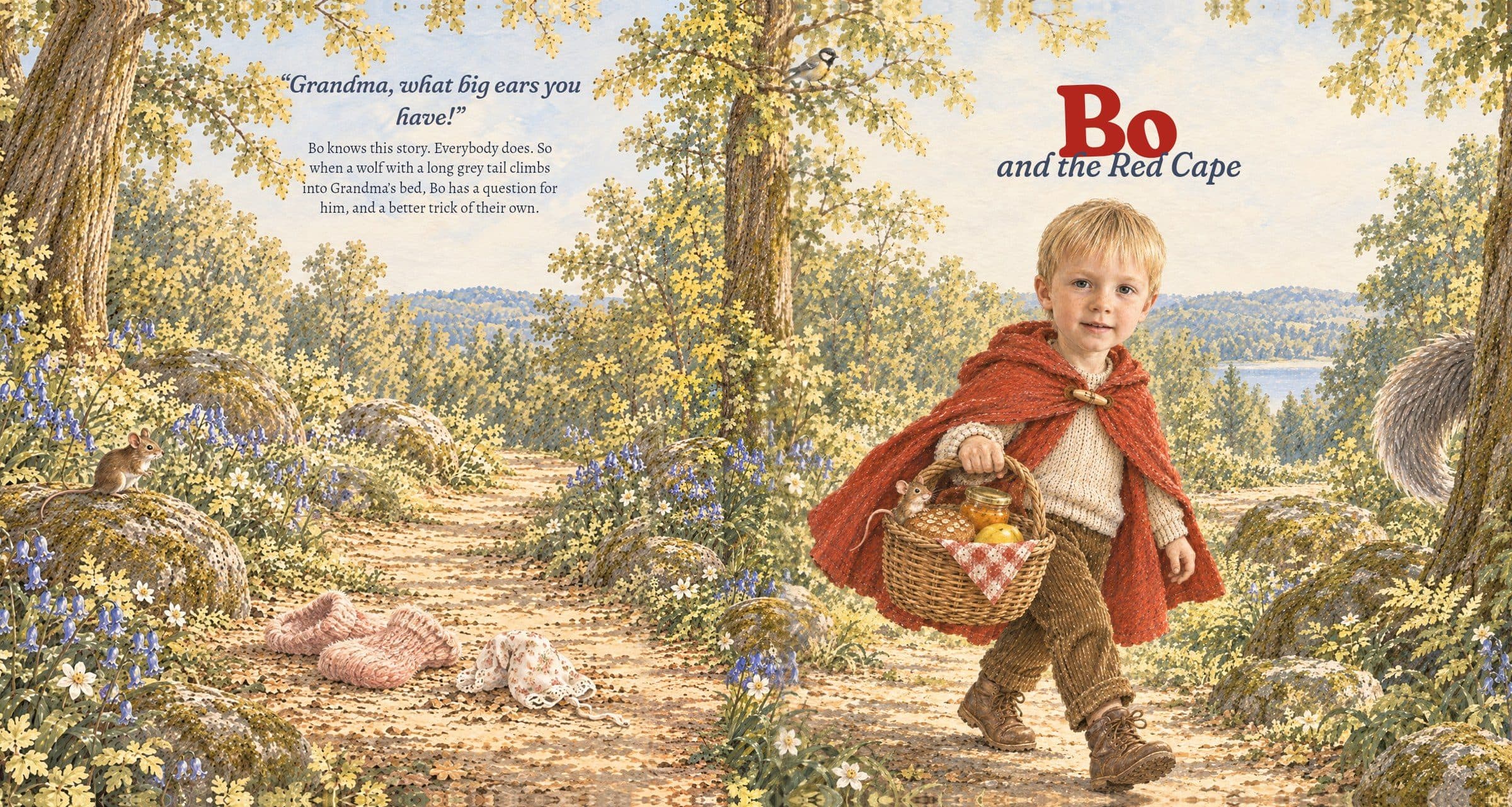 The whole cover opened flat: the abandoned bedsocks and nightcap on the back, running on round the spine to the front with Bo in the red cape