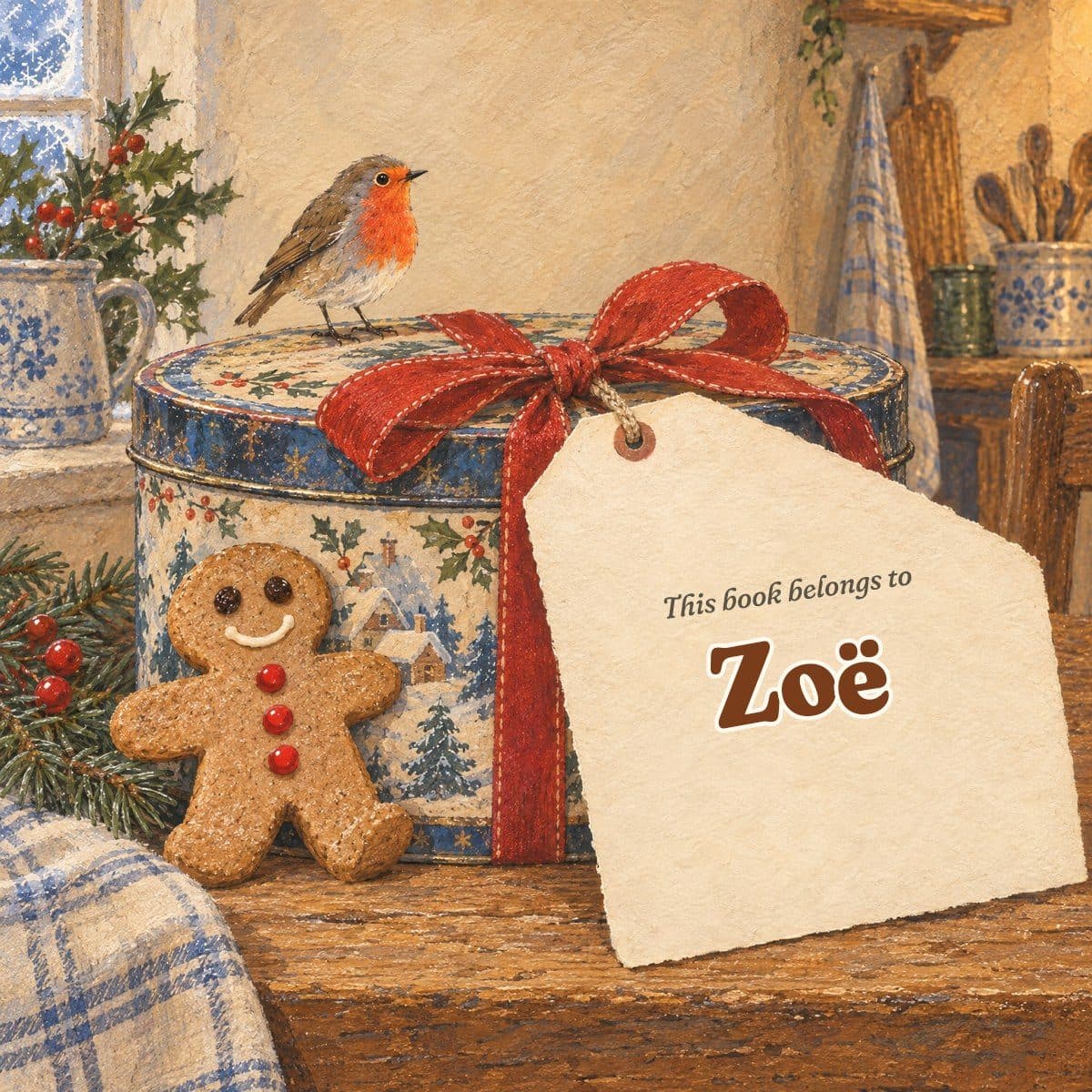 Gift page: a tag on a red ribbon tied to a biscuit tin, reading This book belongs to Zoë