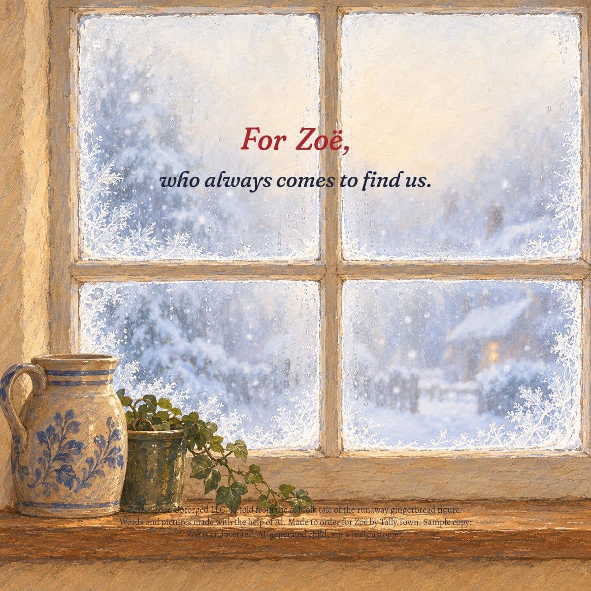 Dedication page: a frosty kitchen window, For Zoë, who always comes to find us