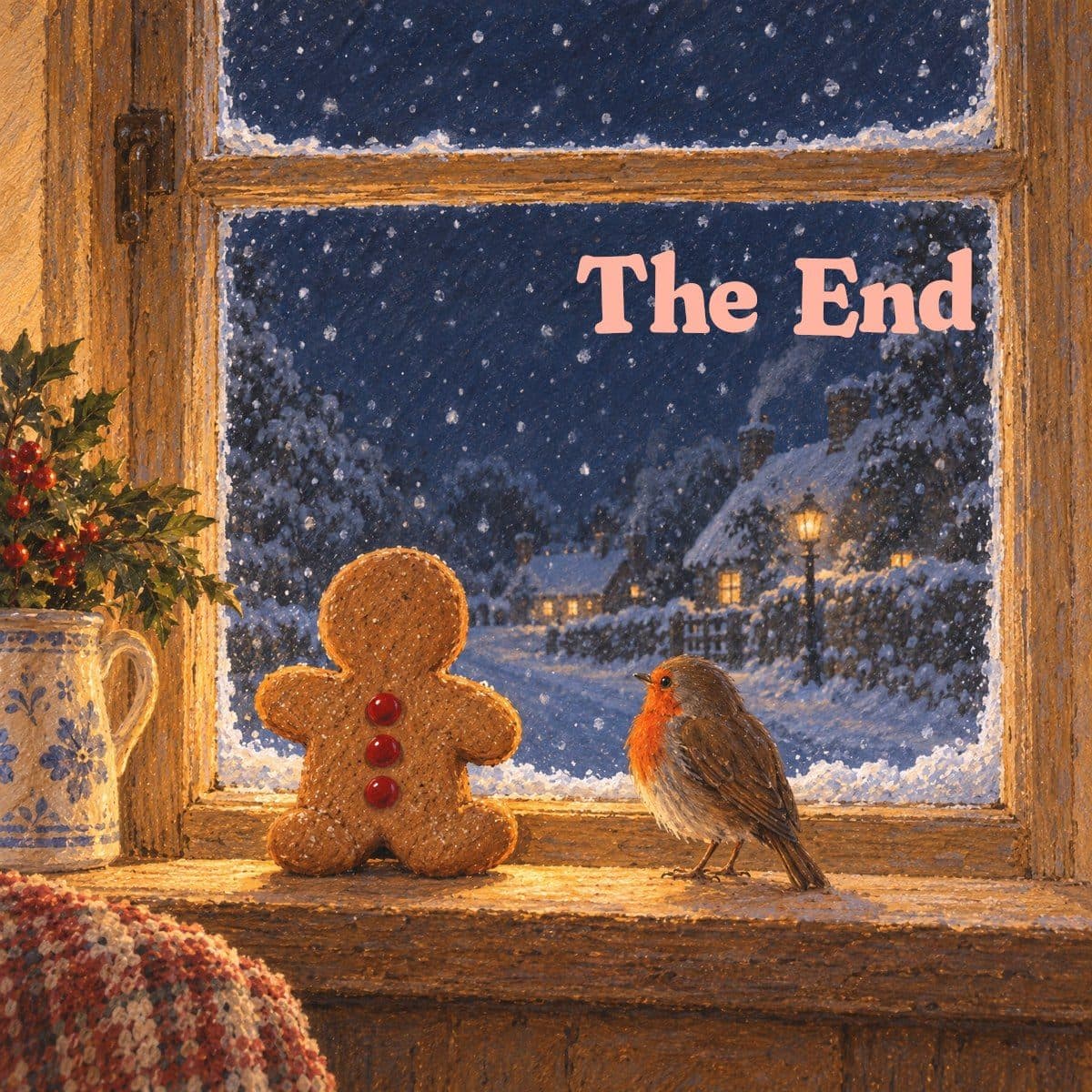 The End, above the gingerbread child and the robin on a windowsill watching the snow