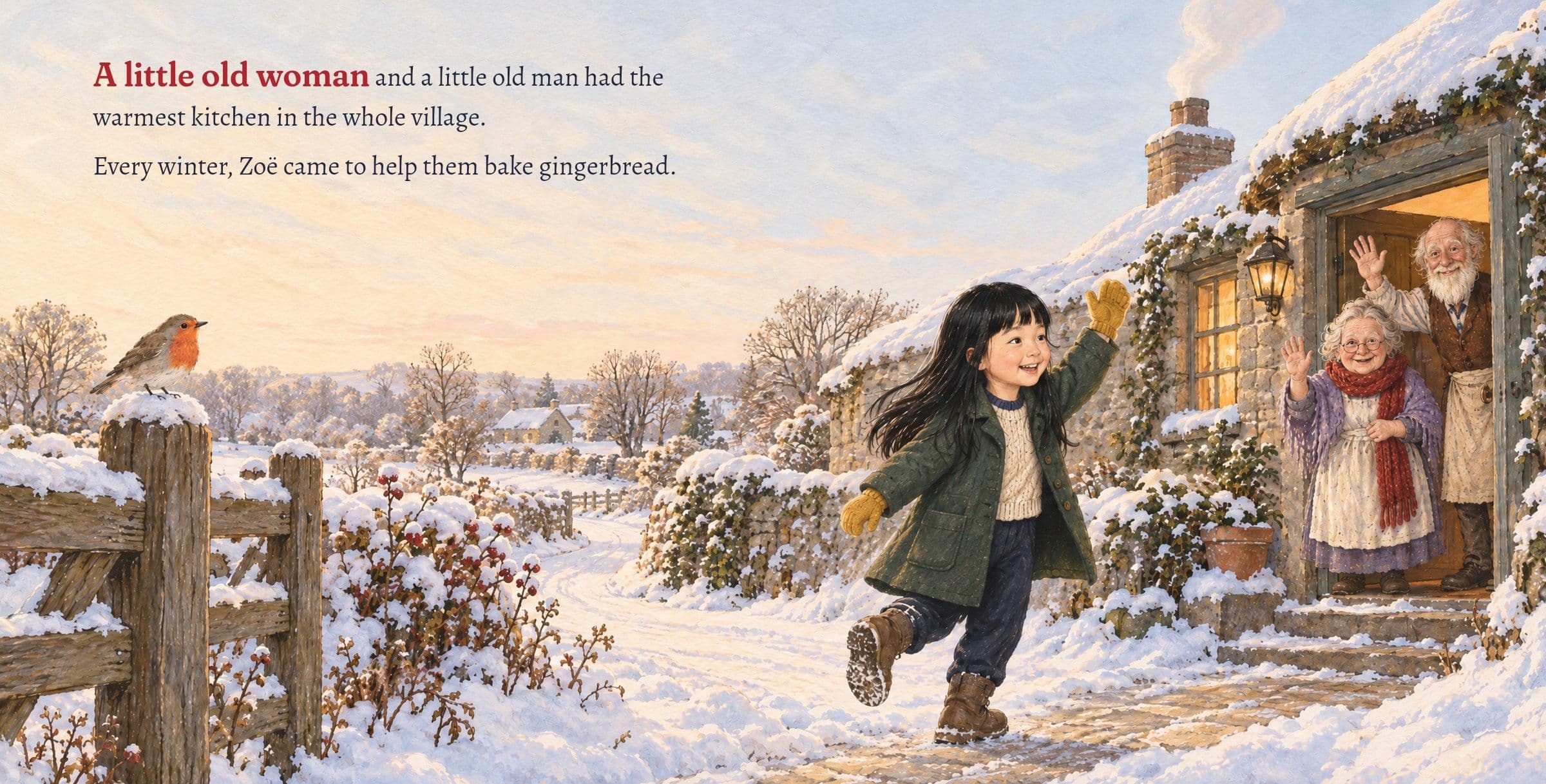 Zoë runs up the snowy path to the bakers' cottage. A little old woman and a little old man had the warmest kitchen in the whole village.

Every winter, Zoë came to help them bake gingerbread.