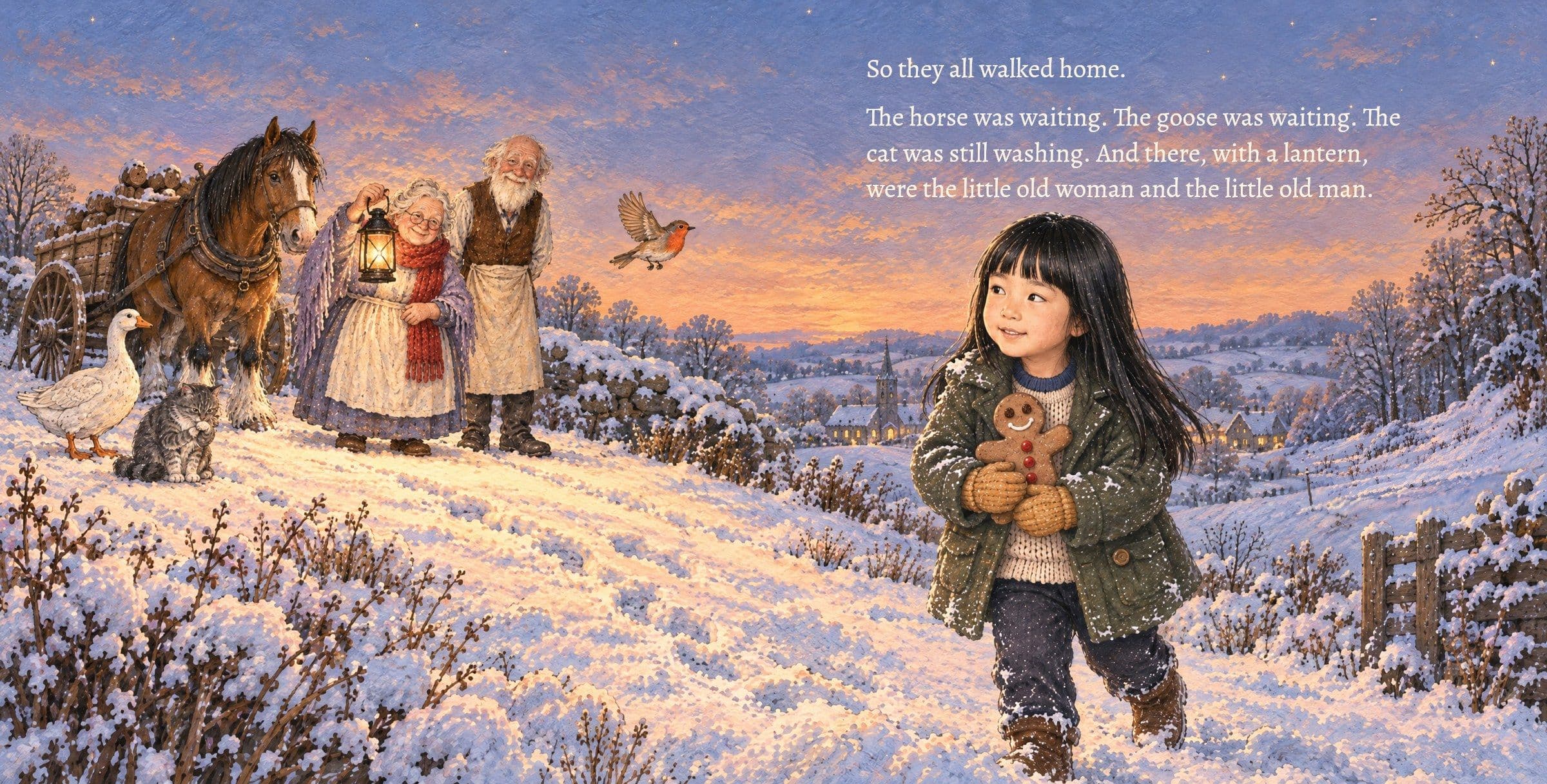 Zoë walks home with the cookie to the old couple and the animals. So they all walked home.

The horse was waiting. The goose was waiting. The cat was still washing. And there, with a lantern, were the little old woman and the little old man.