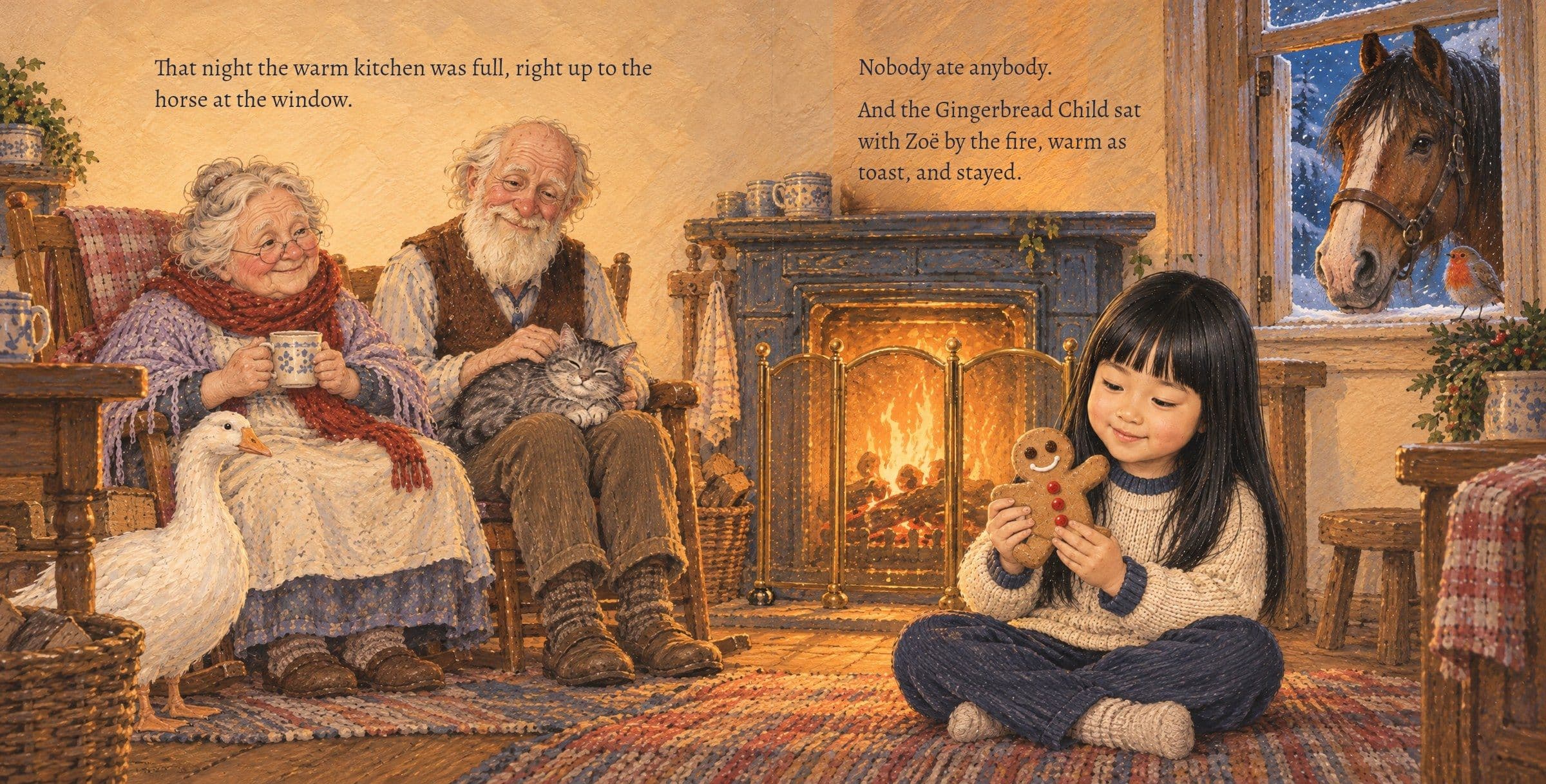 Everyone in the warm kitchen, the cookie on Zoë's knee by the fire. That night the warm kitchen was full, right up to the horse at the window.

Nobody ate anybody.

And the Gingerbread Child sat with Zoë by the fire, warm as toast, and stayed.