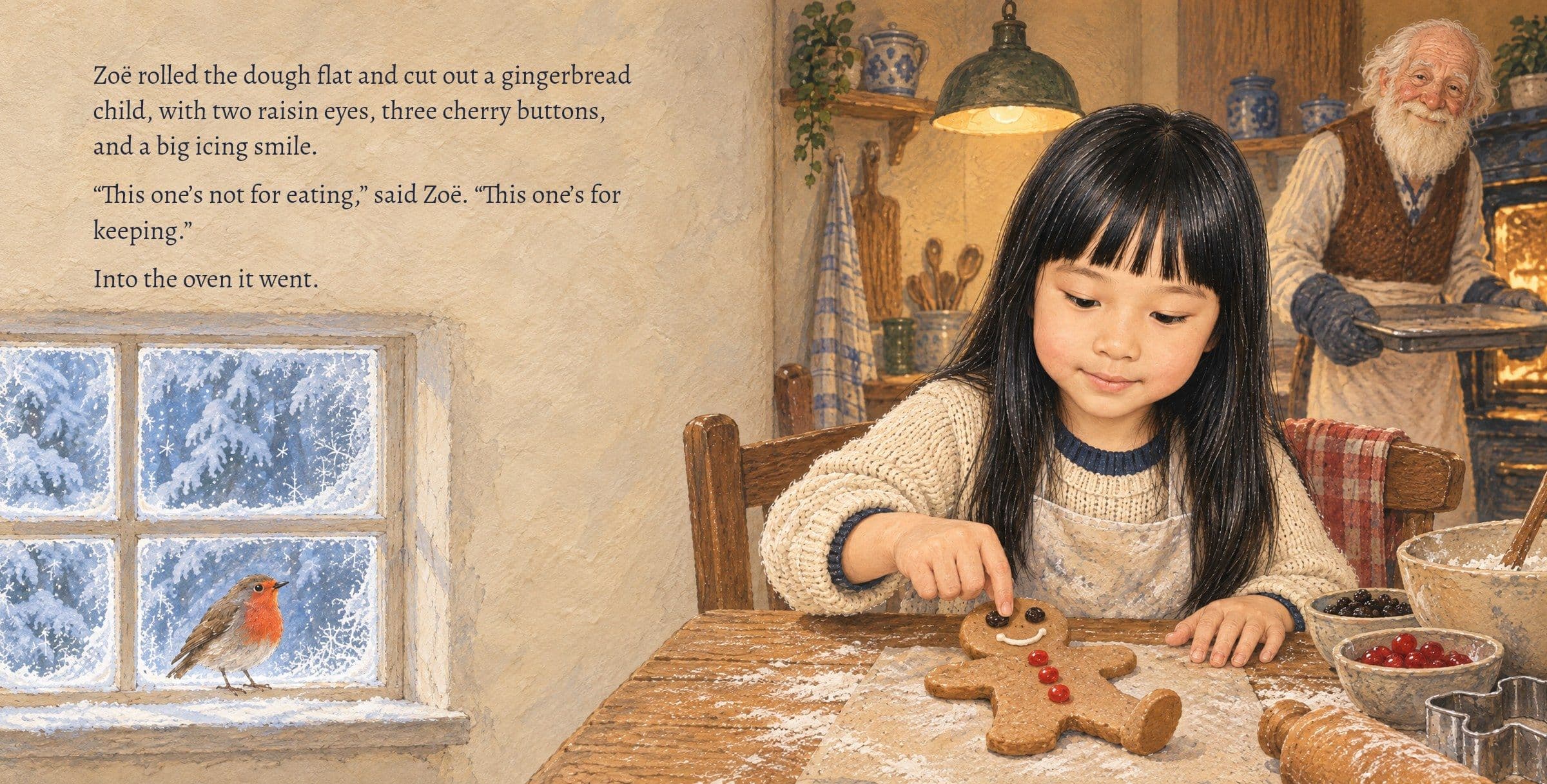 Zoë presses a raisin eye into the dough figure. Zoë rolled the dough flat and cut out a gingerbread child, with two raisin eyes, three cherry buttons, and a big icing smile.

“This one’s not for eating,” said Zoë. “This one’s for keeping.”

Into the oven it went.