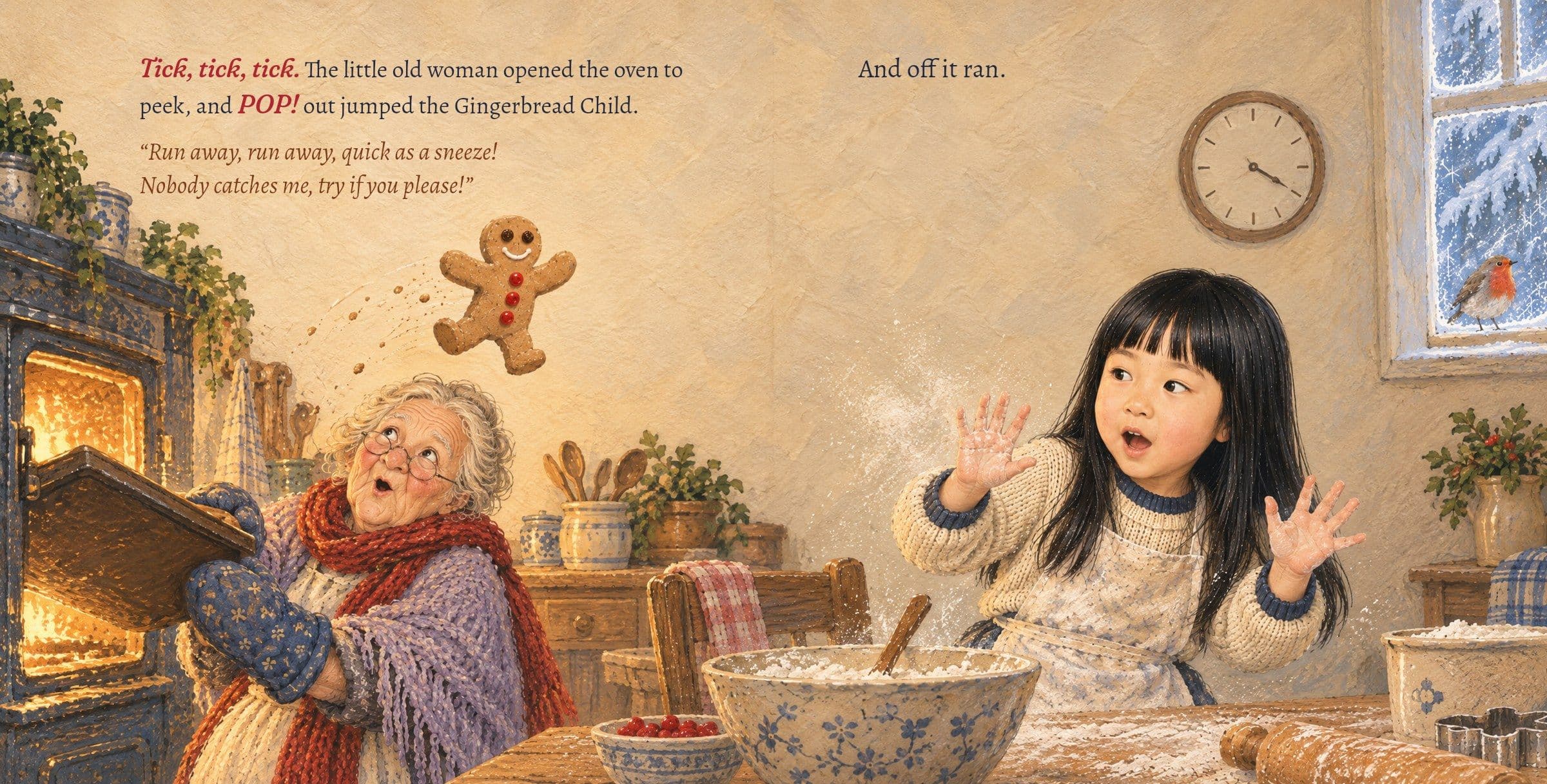 The Gingerbread Child leaps out of the oven as Zoë jumps back. Tick, tick, tick. The little old woman opened the oven to peek, and POP! out jumped the Gingerbread Child.

“Run away, run away, quick as a sneeze!
Nobody catches me, try if you please!”

And off it ran.