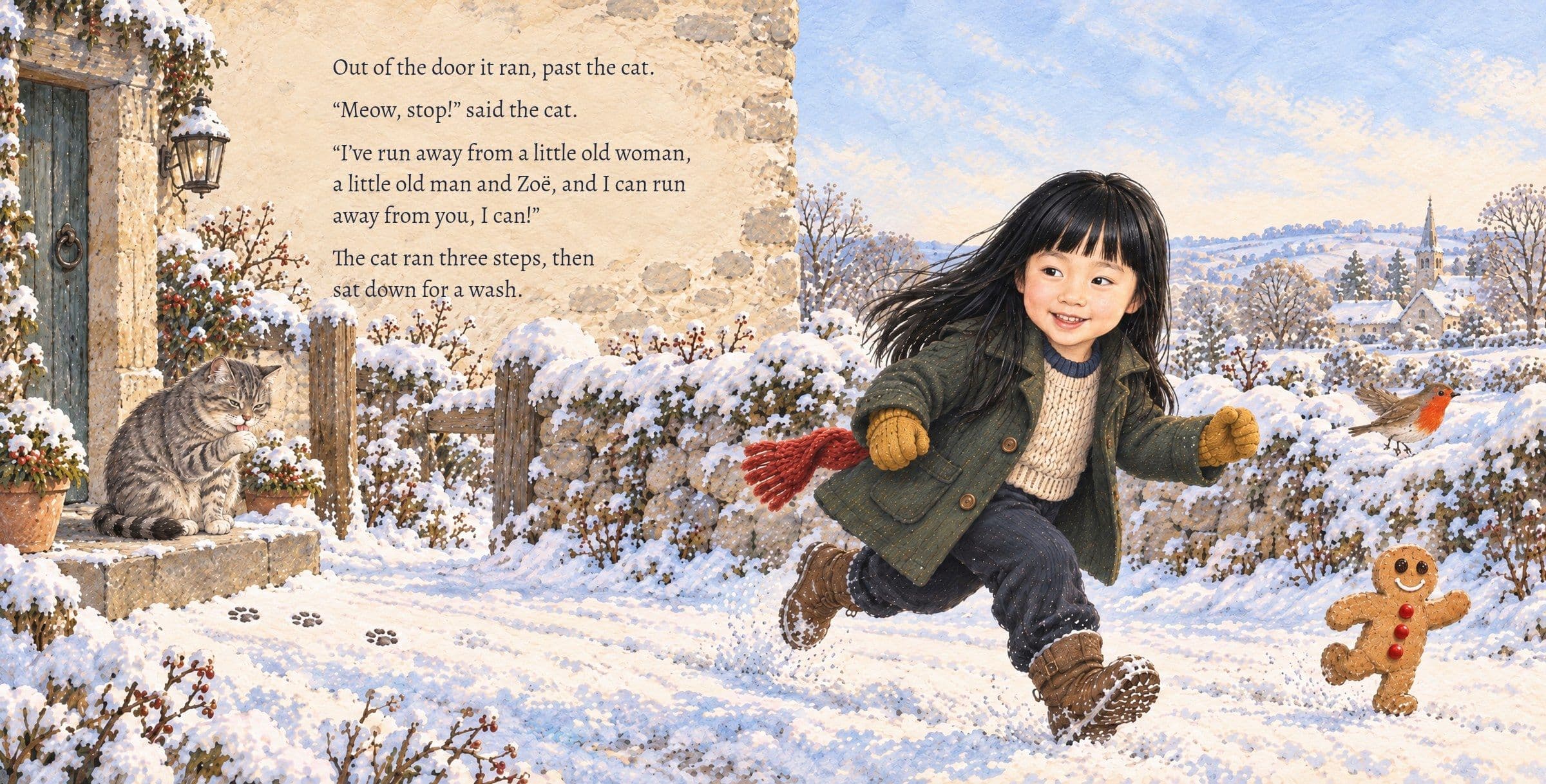 The cookie runs past the cat, who sits down for a wash. Out of the door it ran, past the cat.

“Meow, stop!” said the cat.

“I’ve run away from a little old woman, a little old man and Zoë, and I can run away from you, I can!”

The cat ran three steps, then sat down for a wash.