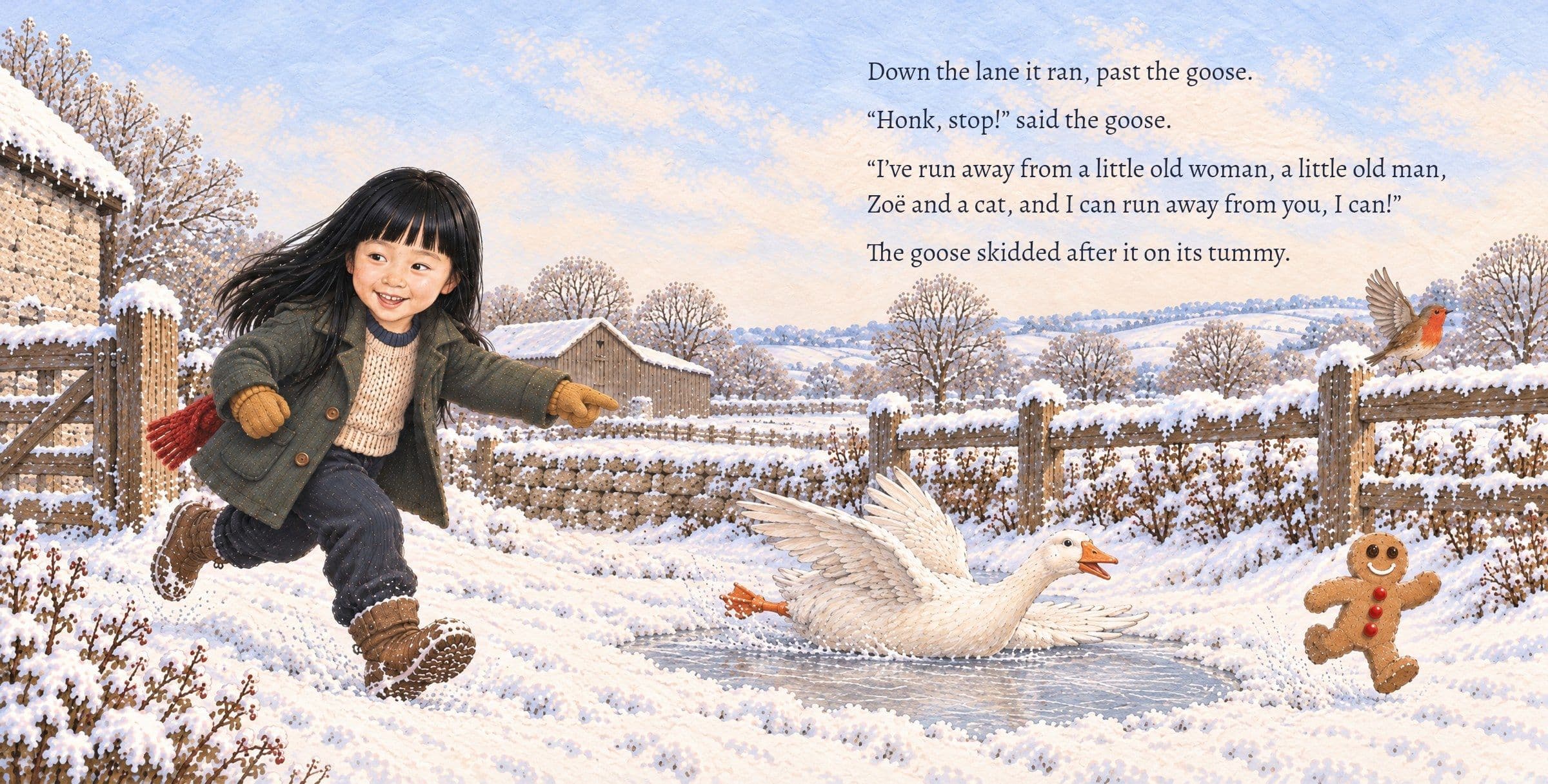 The goose skids after the cookie on a frozen puddle