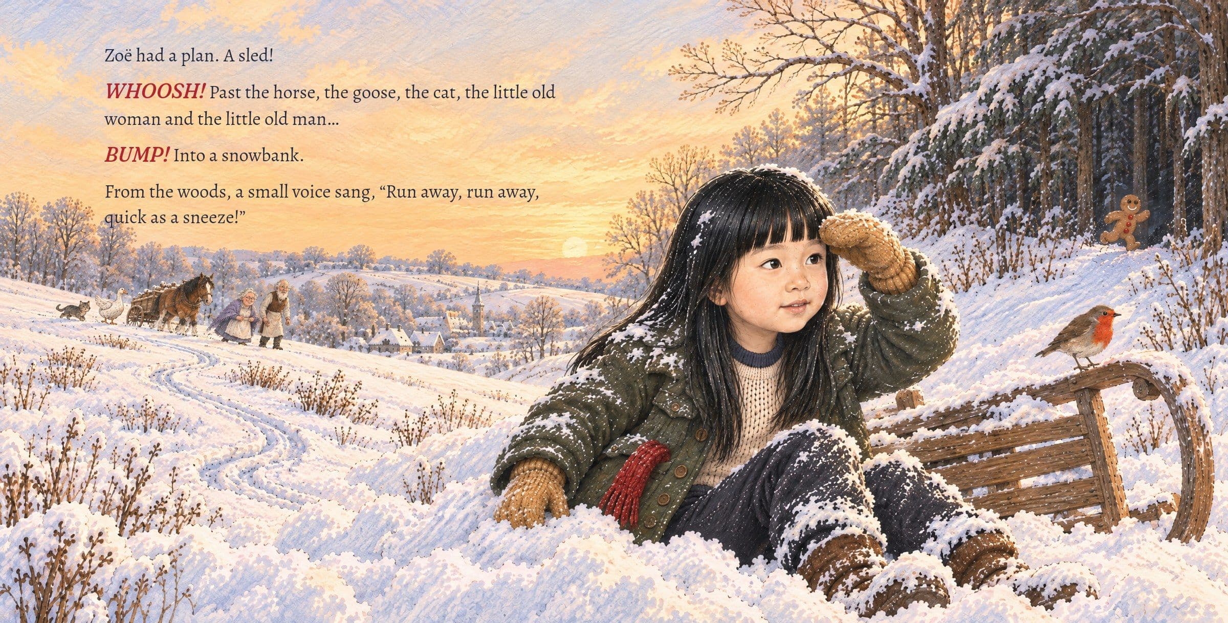 Zoë pops up out of a snowbank beside the tipped sled. Zoë had a plan. A sled!

WHOOSH! Past the horse, the goose, the cat, the little old woman and the little old man…

BUMP! Into a snowbank.

From the woods, a small voice sang, “Run away, run away, quick as a sneeze!”