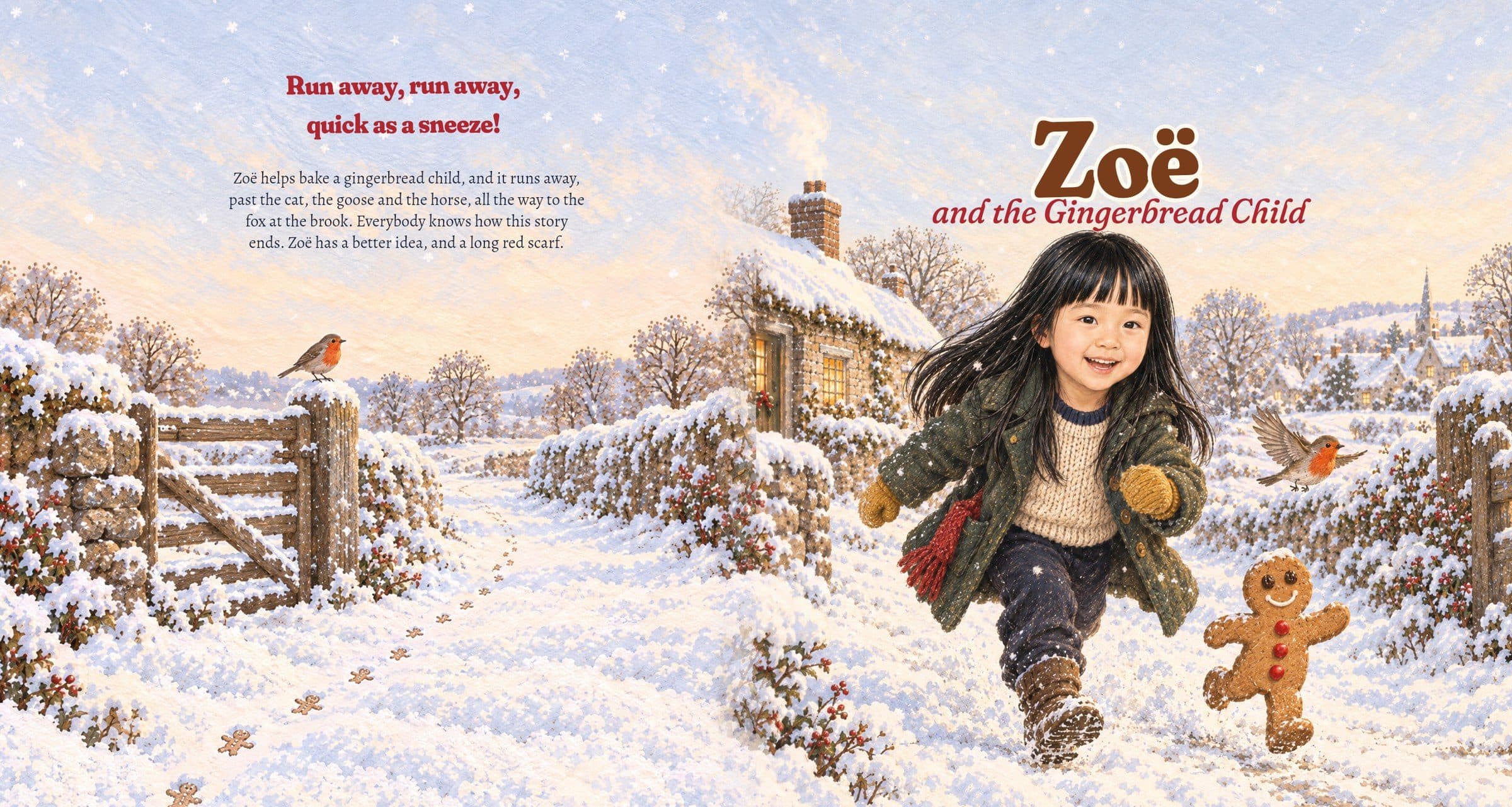 The whole cover opened flat: the snowy lane with the robin on the back, running on round the spine to the front with Zoë and the gingerbread child