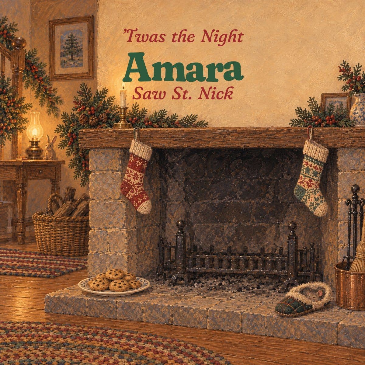 Title page: the hearth on Christmas Eve, stockings hung and a plate of cookies waiting