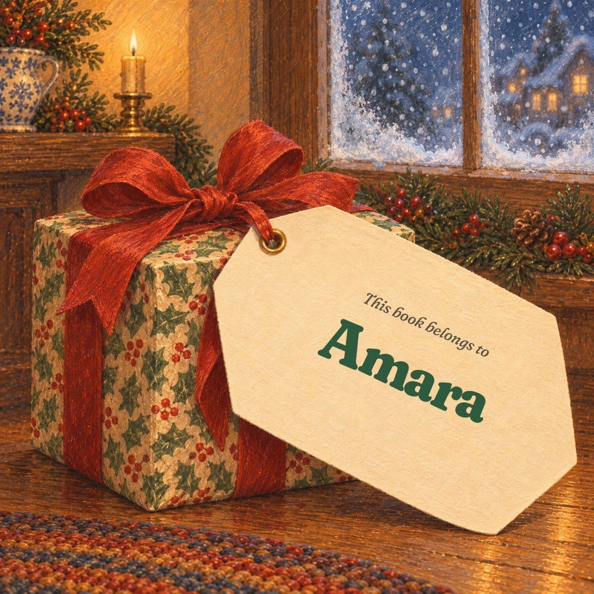 Gift page: a holly-wrapped present with a tag reading This book belongs to Amara