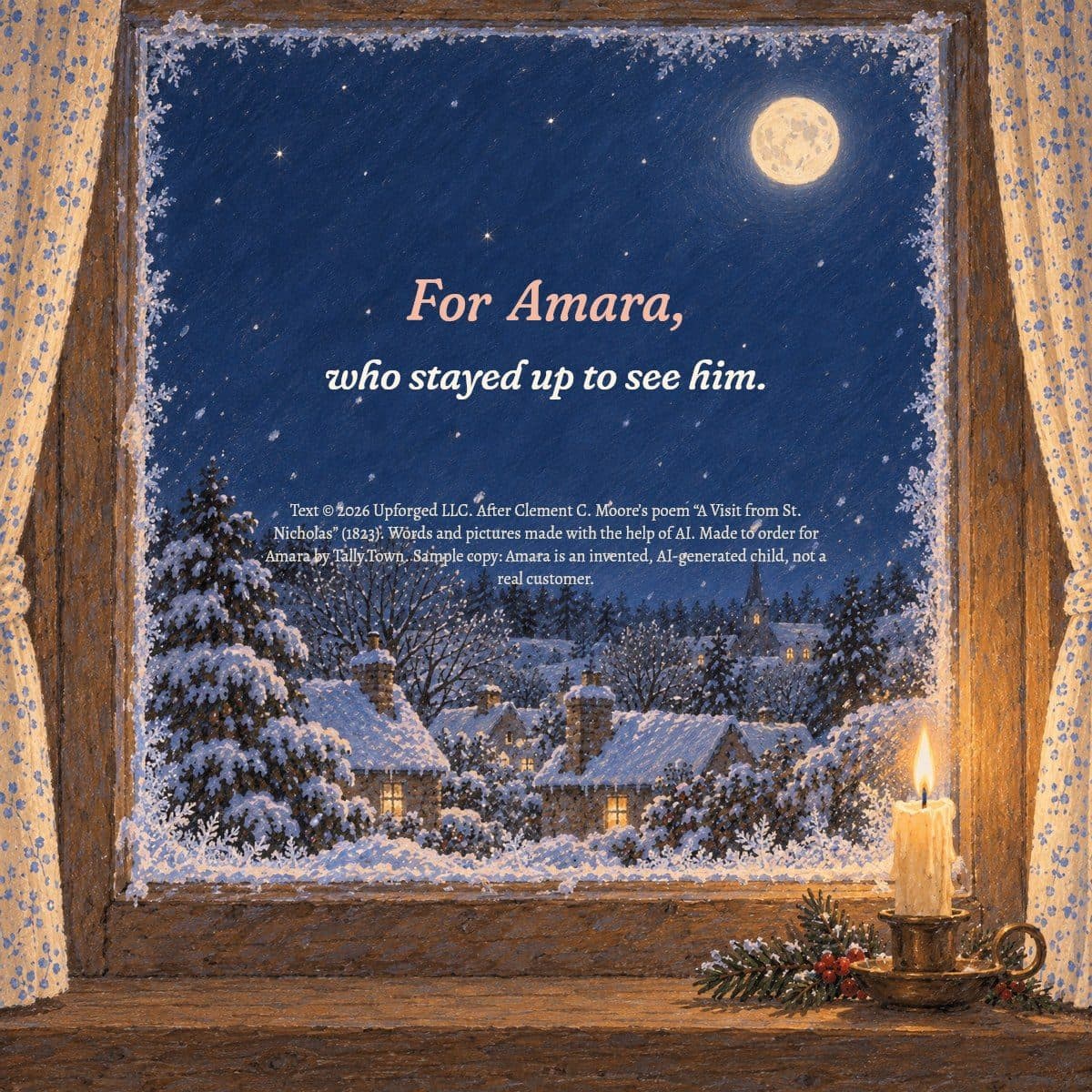 Dedication page: a frosty window at night, For Amara, who stayed up to see him
