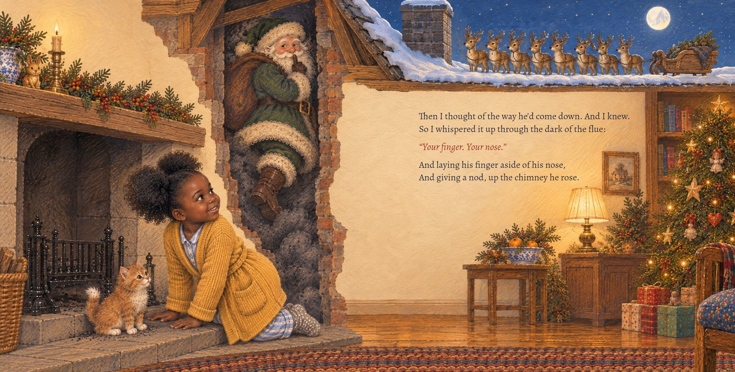 Amara whispers the trick up the chimney: Your finger. Your nose.. Then I thought of the way he’d come down. And I knew.
So I whispered it up through the dark of the flue:

“Your finger. Your nose.”

And laying his finger aside of his nose,
And giving a nod, up the chimney he rose. †