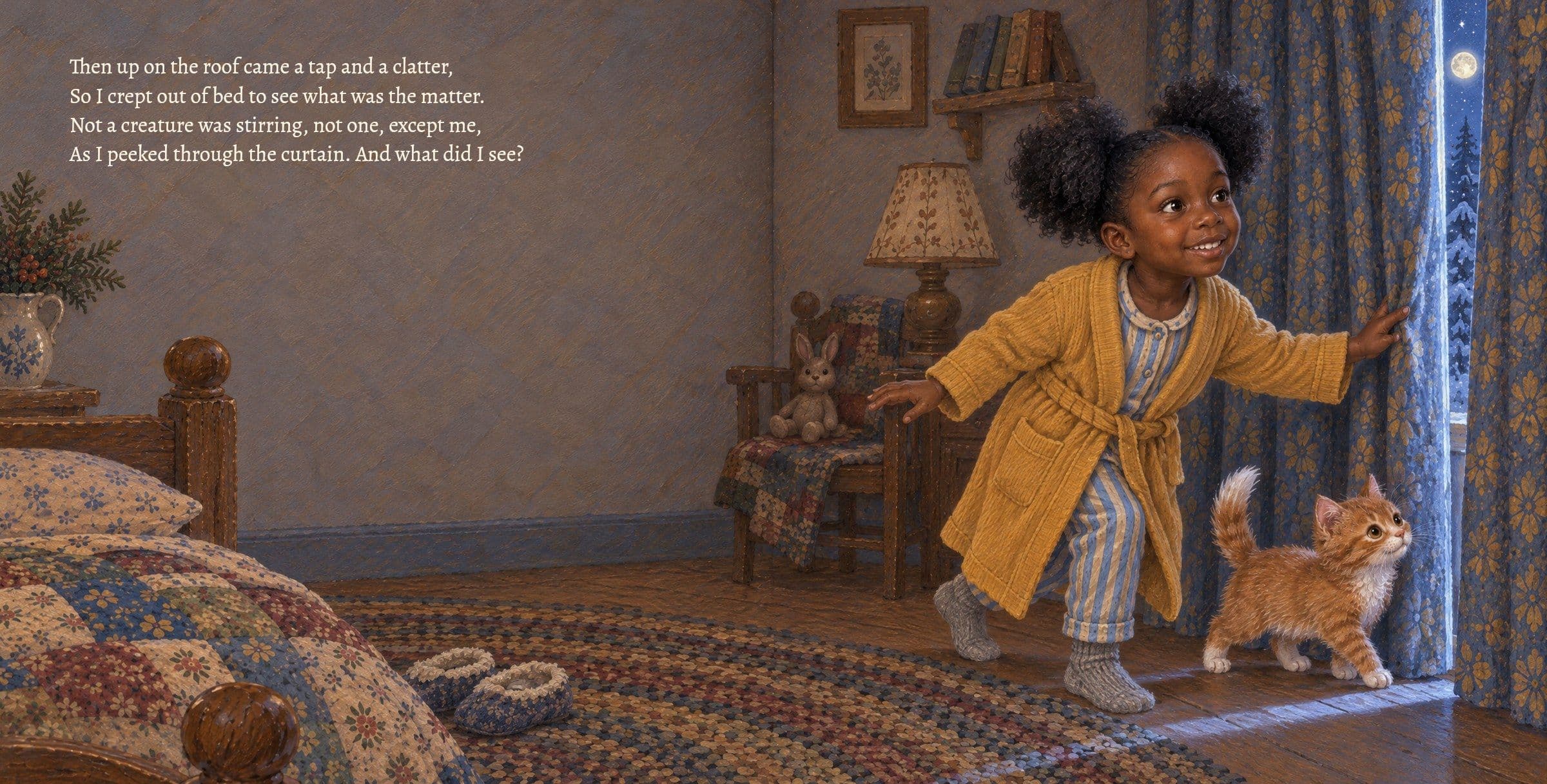A clatter on the roof; Amara creeps to the curtain. Then up on the roof came a tap and a clatter,
So I crept out of bed to see what was the matter.
Not a creature was stirring, not one, except me,
As I peeked through the curtain. And what did I see?