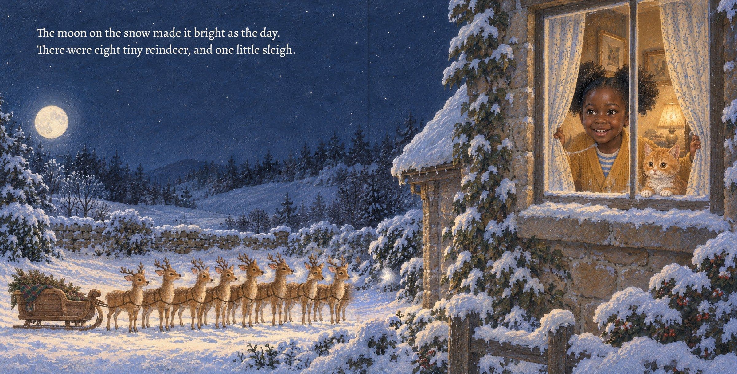 Eight tiny reindeer and a sleigh on the moonlit snow
