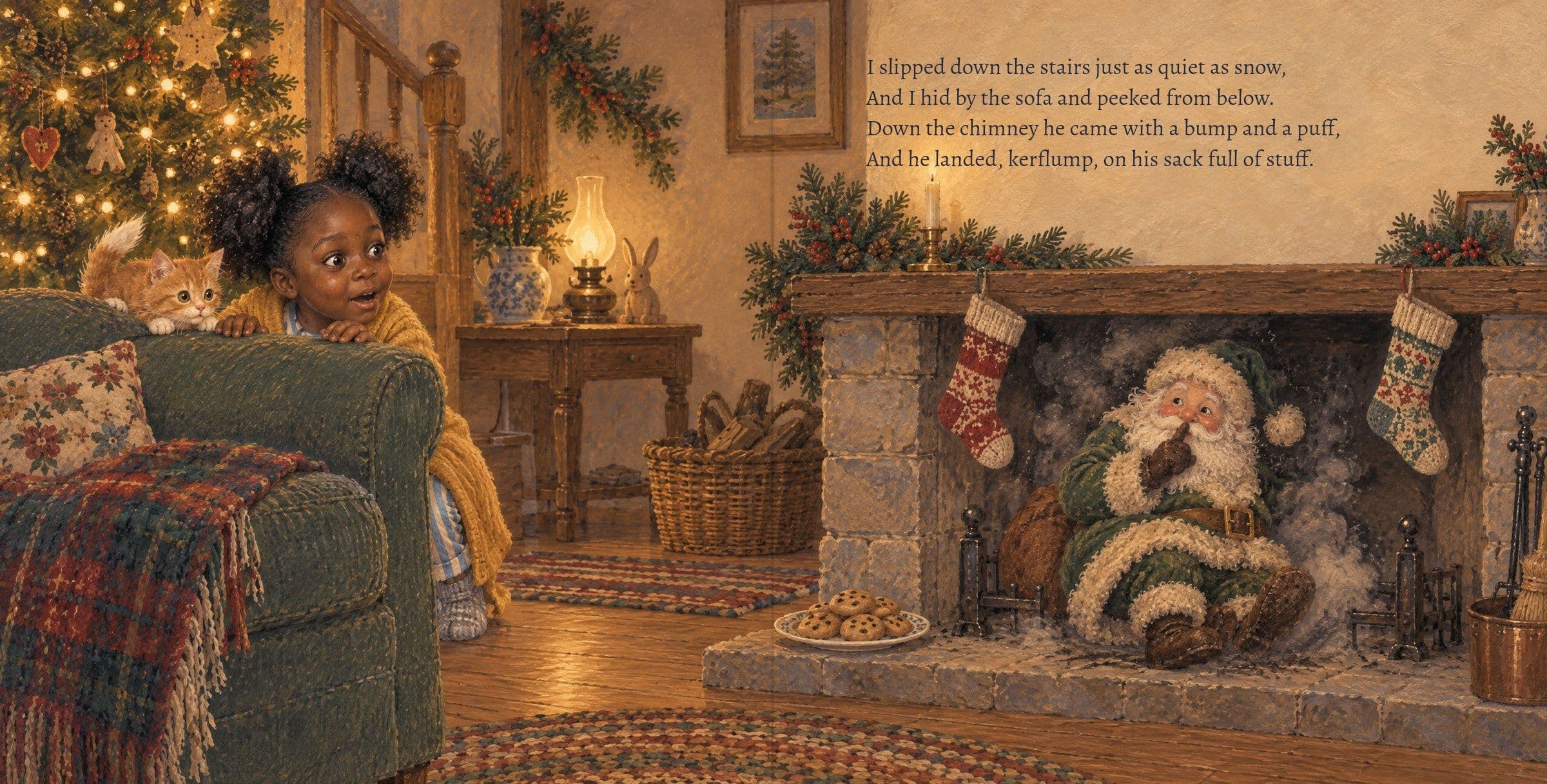Amara hides by the sofa as St. Nick lands in the fireplace
