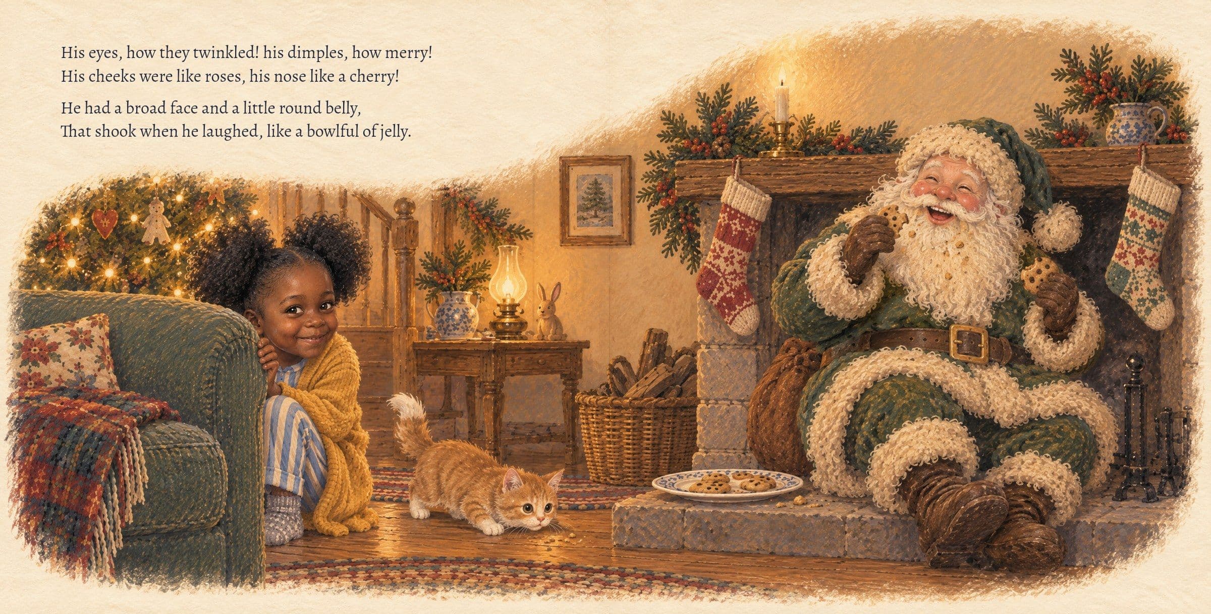 St. Nick laughs and eats a cookie; Amara peeks out smiling. His eyes, how they twinkled! his dimples, how merry!
His cheeks were like roses, his nose like a cherry! †

He had a broad face and a little round belly,
That shook when he laughed, like a bowlful of jelly. †
