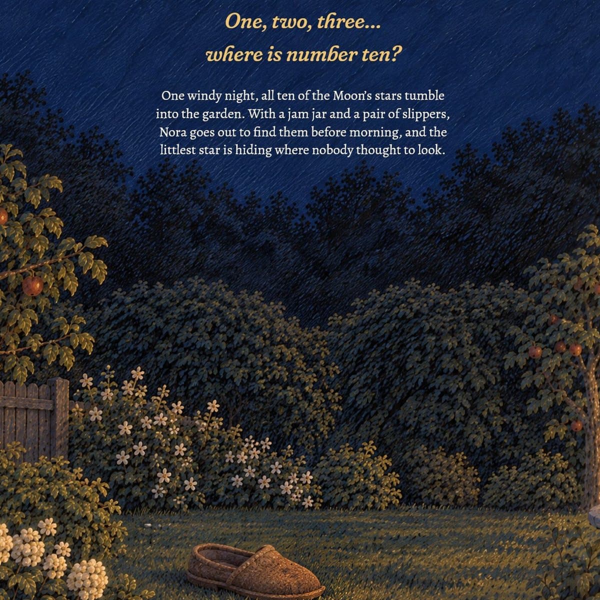 Back cover: one slipper on the moonlit lawn. One, two, three… where is number ten? One windy night, all ten of the Moon's stars tumble into the garden. With a jam jar and a pair of slippers, Nora goes out to find them before morning, and the littlest star is hiding where nobody thought to look.