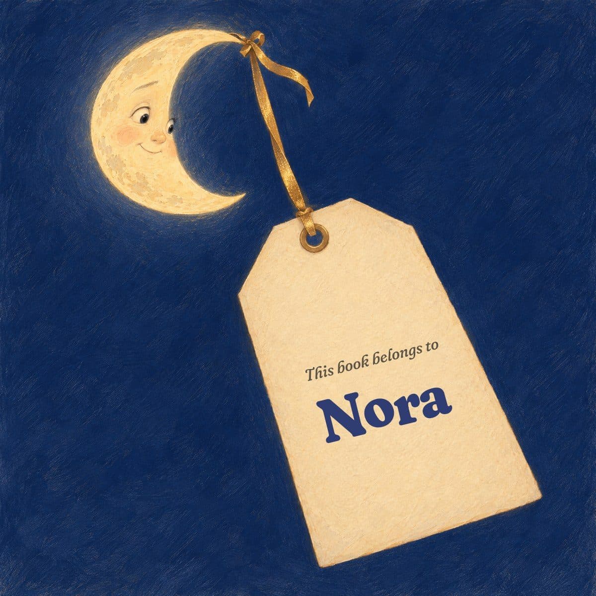 Gift page: a tag hanging from a crescent moon, reading This book belongs to Nora