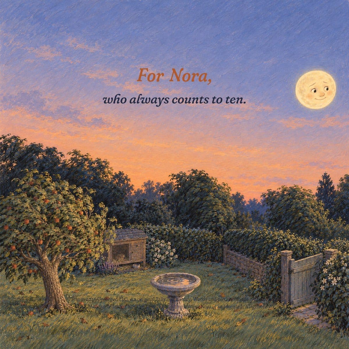 Dedication page: the garden at dusk, For Nora, who always counts to ten