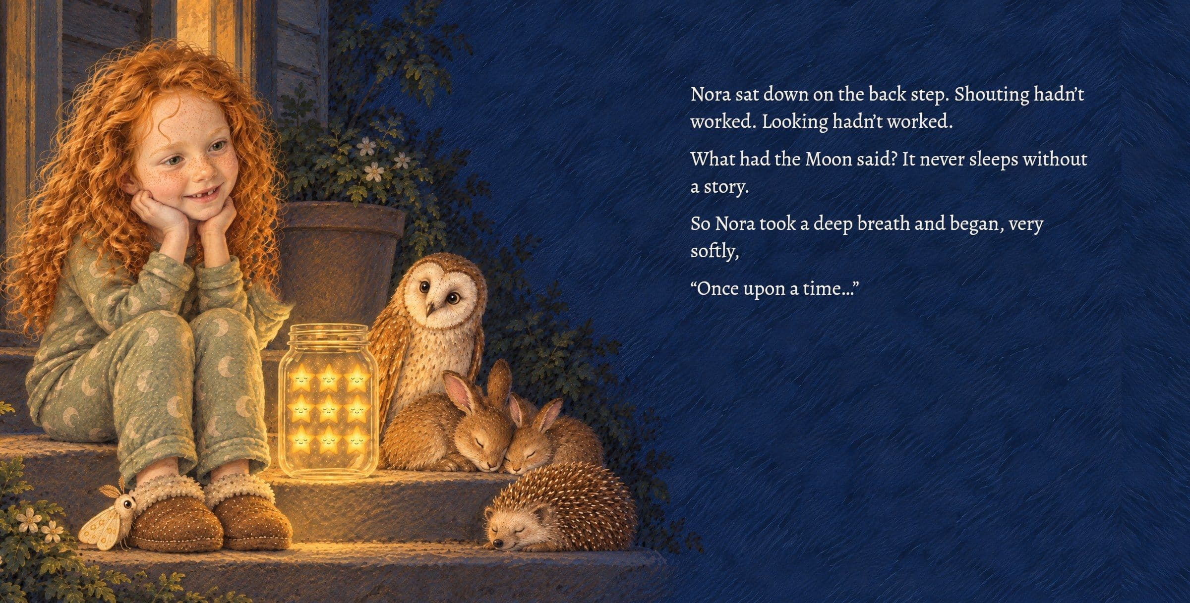 Nora sits on the back step and begins a story. Nora sat down on the back step. Shouting hadn’t worked. Looking hadn’t worked.

What had the Moon said? It never sleeps without a story.

So Nora took a deep breath and began, very softly,

“Once upon a time…”