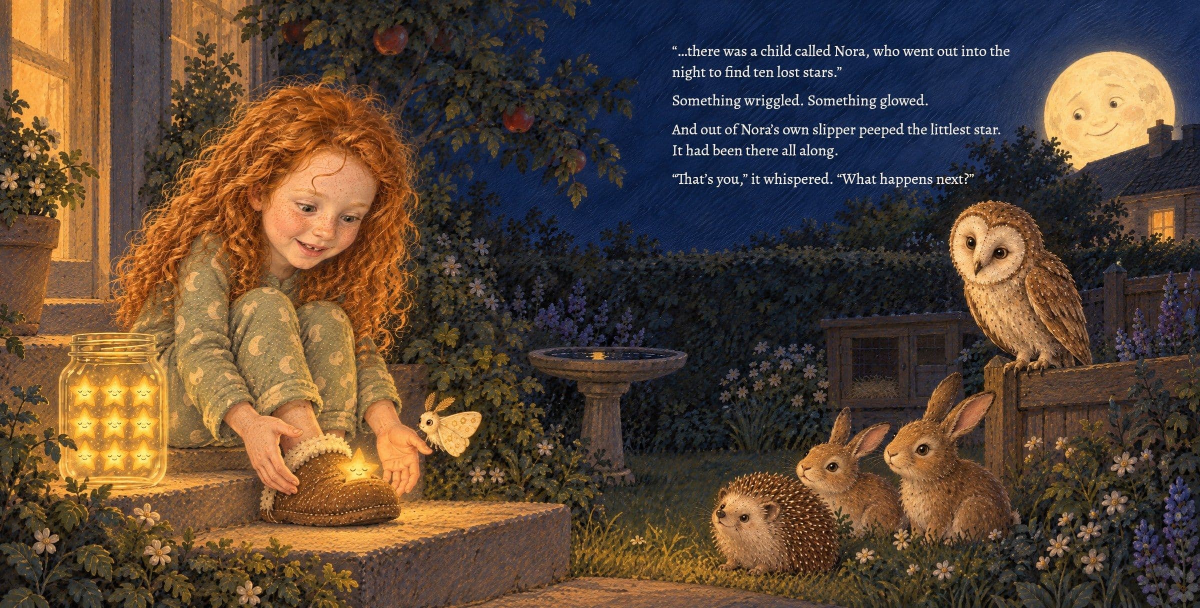 The littlest star peeps out of Nora's own slipper. “…there was a child called Nora, who went out into the night to find ten lost stars.”

Something wriggled. Something glowed.

And out of Nora’s own slipper peeped the littlest star. It had been there all along.

“That’s you,” it whispered. “What happens next?”
