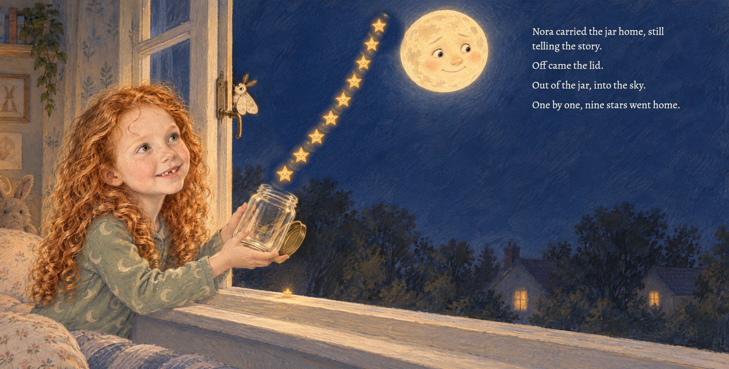 Nine stars float home out of the jar into the sky. Nora carried the jar home, still telling the story.

Off came the lid.

Out of the jar, into the sky.

One by one, nine stars went home.