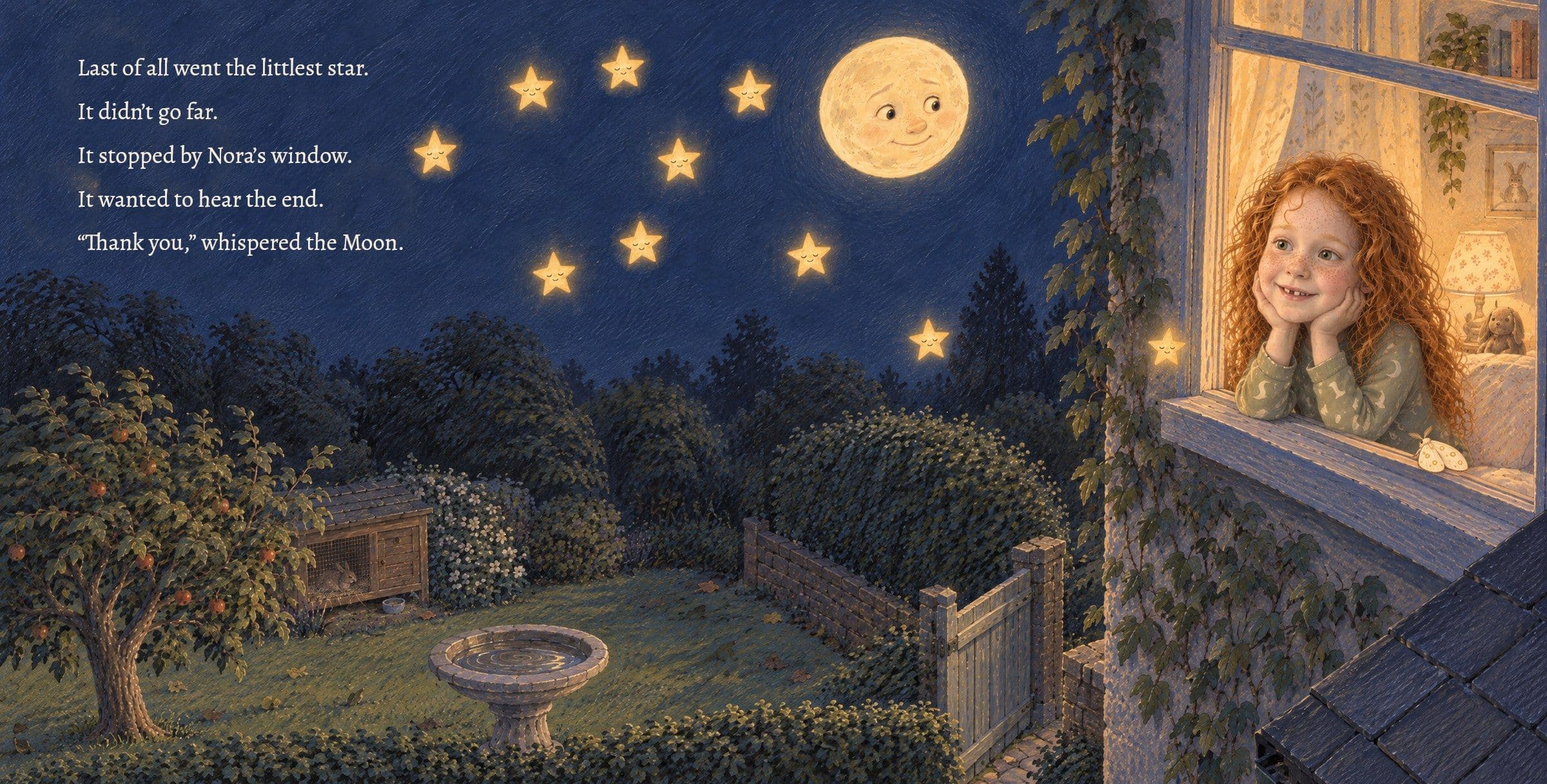 The littlest star stays by Nora's window; the Moon says thank you. Last of all went the littlest star.

It didn’t go far.

It stopped by Nora’s window.

It wanted to hear the end.

“Thank you,” whispered the Moon.