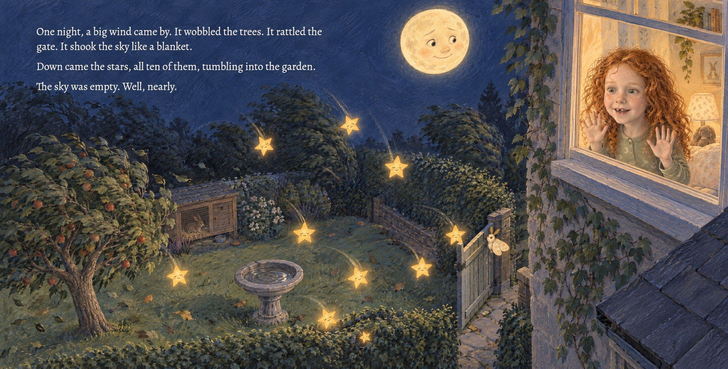 A big wind blows all ten stars down into the garden. One night, a big wind came by. It wobbled the trees. It rattled the gate. It shook the sky like a blanket.

Down came the stars, all ten of them, tumbling into the garden.

The sky was empty. Well, nearly.