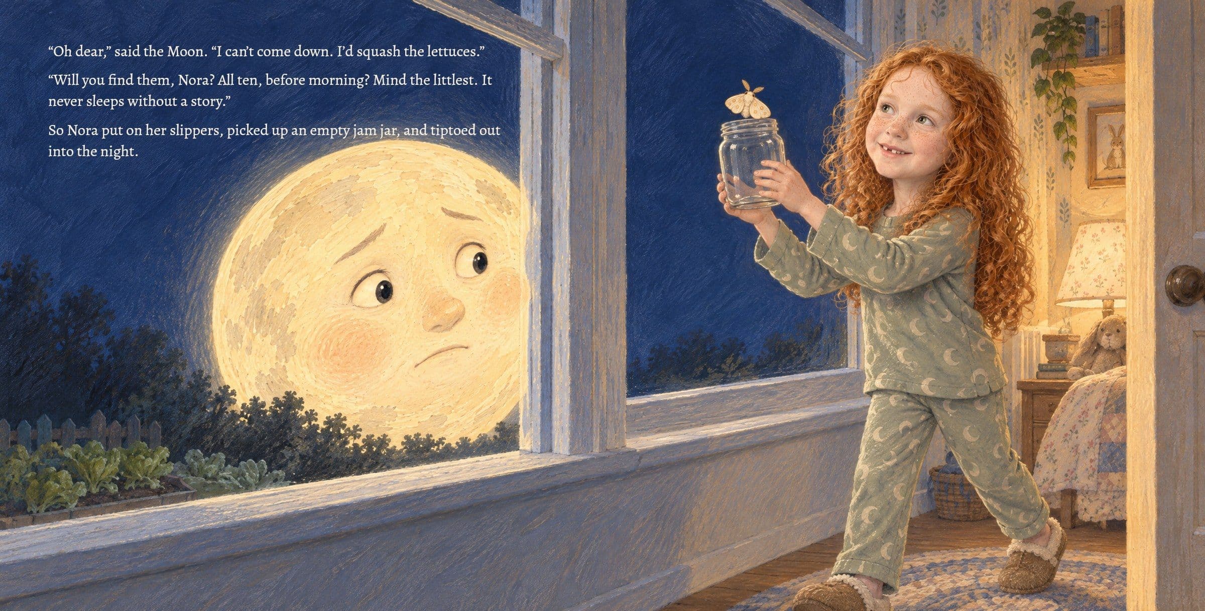 The worried Moon asks Nora to find them; she holds up an empty jar. “Oh dear,” said the Moon. “I can’t come down. I’d squash the lettuces.”

“Will you find them, Nora? All ten, before morning? Mind the littlest. It never sleeps without a story.”

So Nora put on her slippers, picked up an empty jam jar, and tiptoed out into the night.