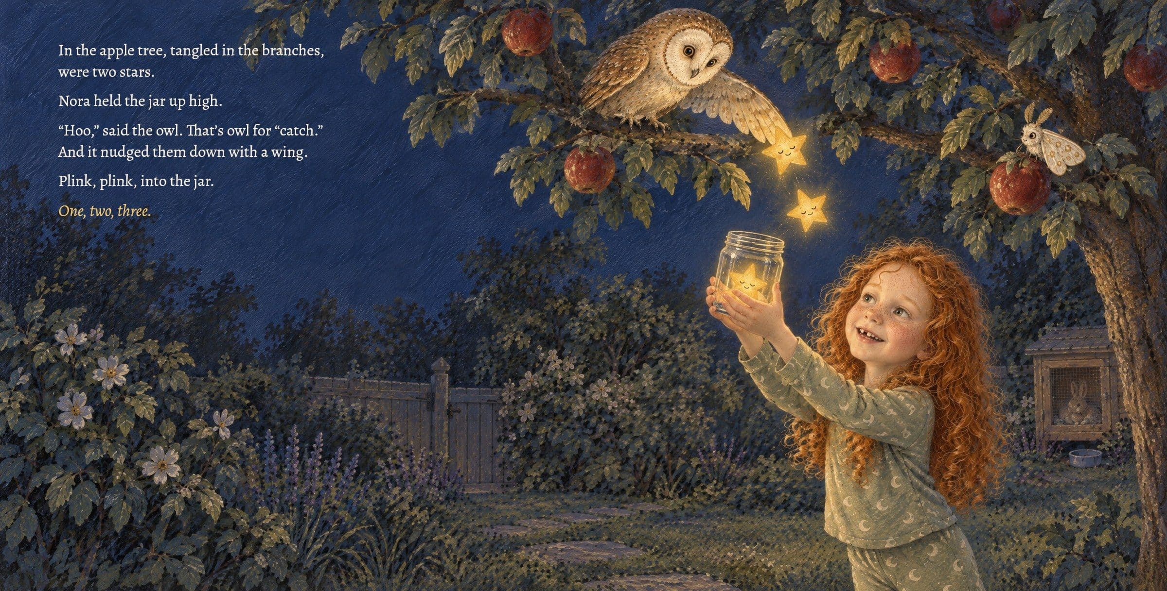 The owl nudges two stars down from the apple tree into Nora's jar. In the apple tree, tangled in the branches, were two stars.

Nora held the jar up high.

“Hoo,” said the owl. That’s owl for “catch.” And it nudged them down with a wing.

Plink, plink, into the jar.

One, two, three.