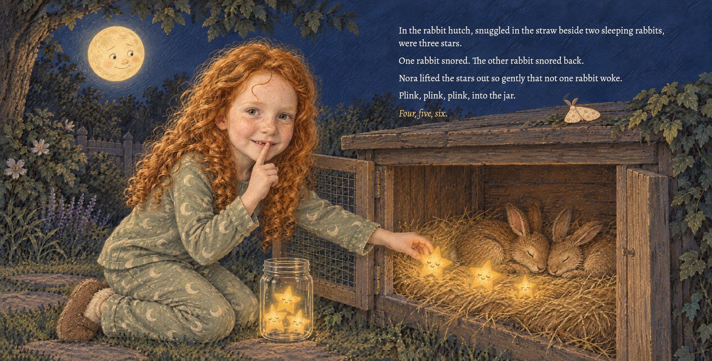 Nora lifts three stars out of the straw beside two sleeping rabbits